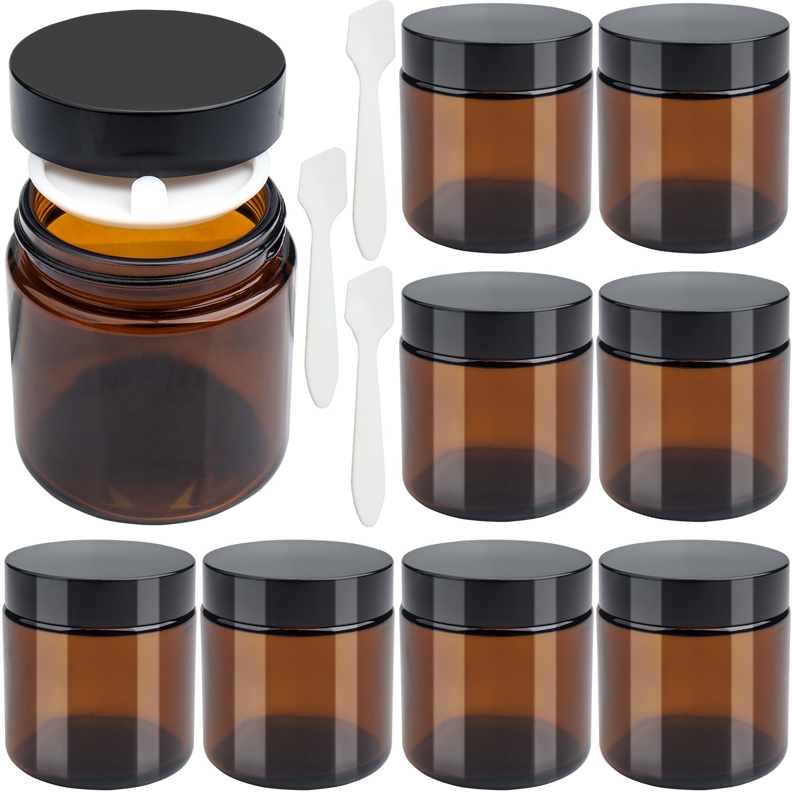 Lhnndm Amber 100Ml 8Pack Glass Jars,Empty Cosmetic Jars With Black Lids, Face Cream Lotion Storage Jars With Cosmetics, Powder, Lotion, Creams，Travel Favors (100Ml)