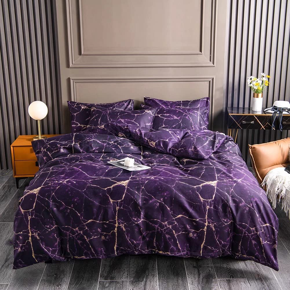Set Copripiumino Ultra Morbido in Microfibra, 3 Pezzi, Con 2 Federa, 260x230cm,Chiusura a Cerniera, Motivo Marmo Viola, per Letto Matrimoniale Set Di Biancheria Da Letto