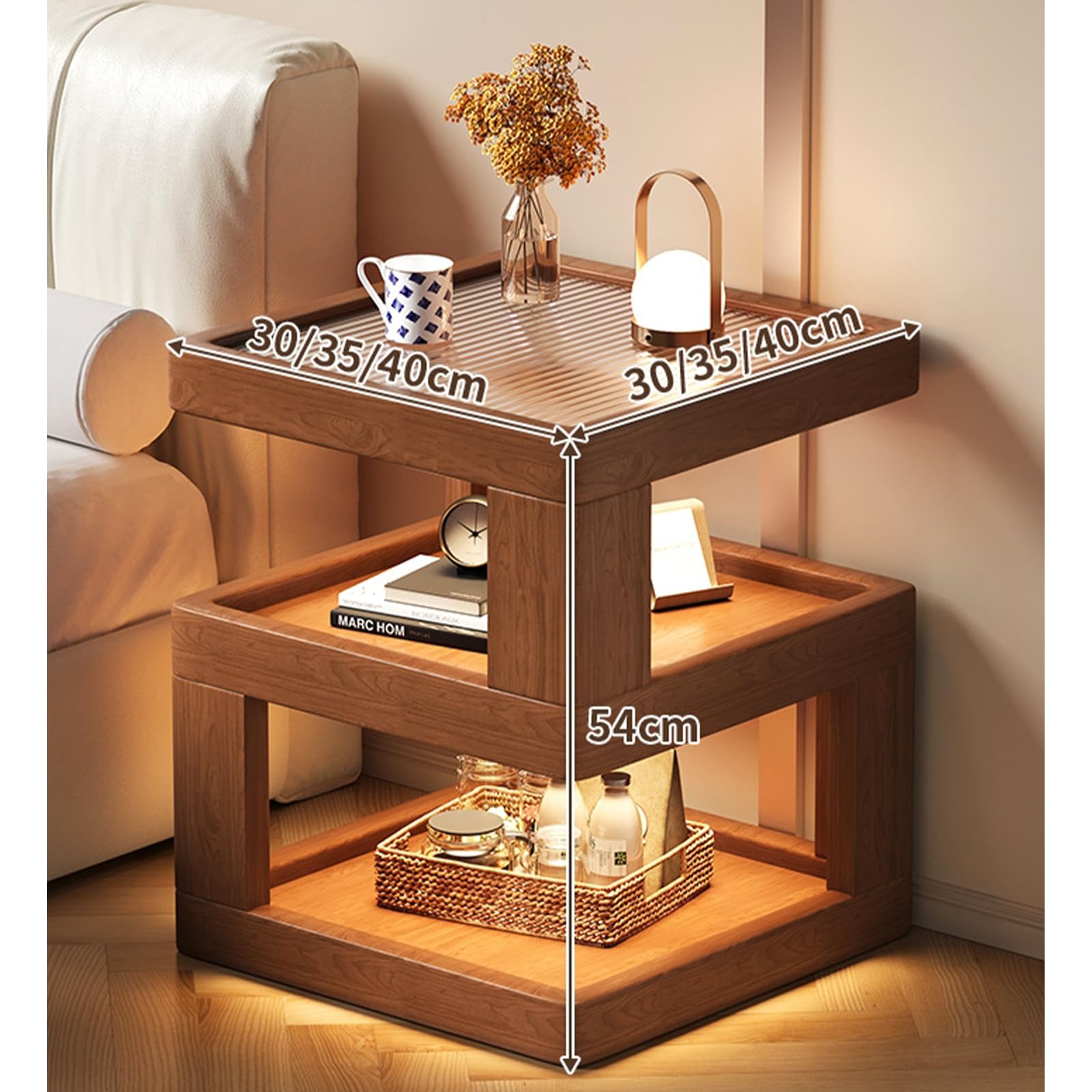 Solid Wood Nightstand,End Tables Bedroom Small Shelf Modern Nightstand Wood Side Table (Walnut Brown-21.3 * 15.8 * 15.8)