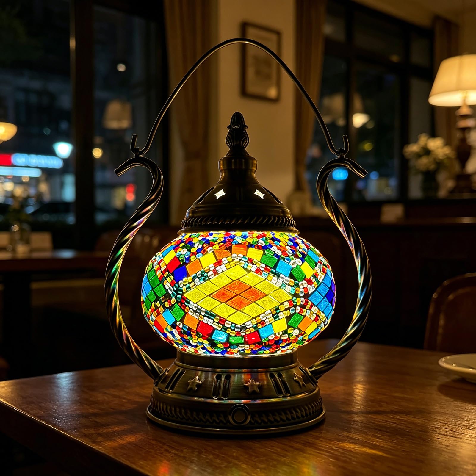 Styl Tiffany Turecka mozaika witrażowa lampa z uchwytem, ładowana przez USB, lampa stołowa, bohema, turecka, lampka nocna do salonu, dekoracja pokoju dziecięcego (szer. 13 cm x wys. 26 cm)