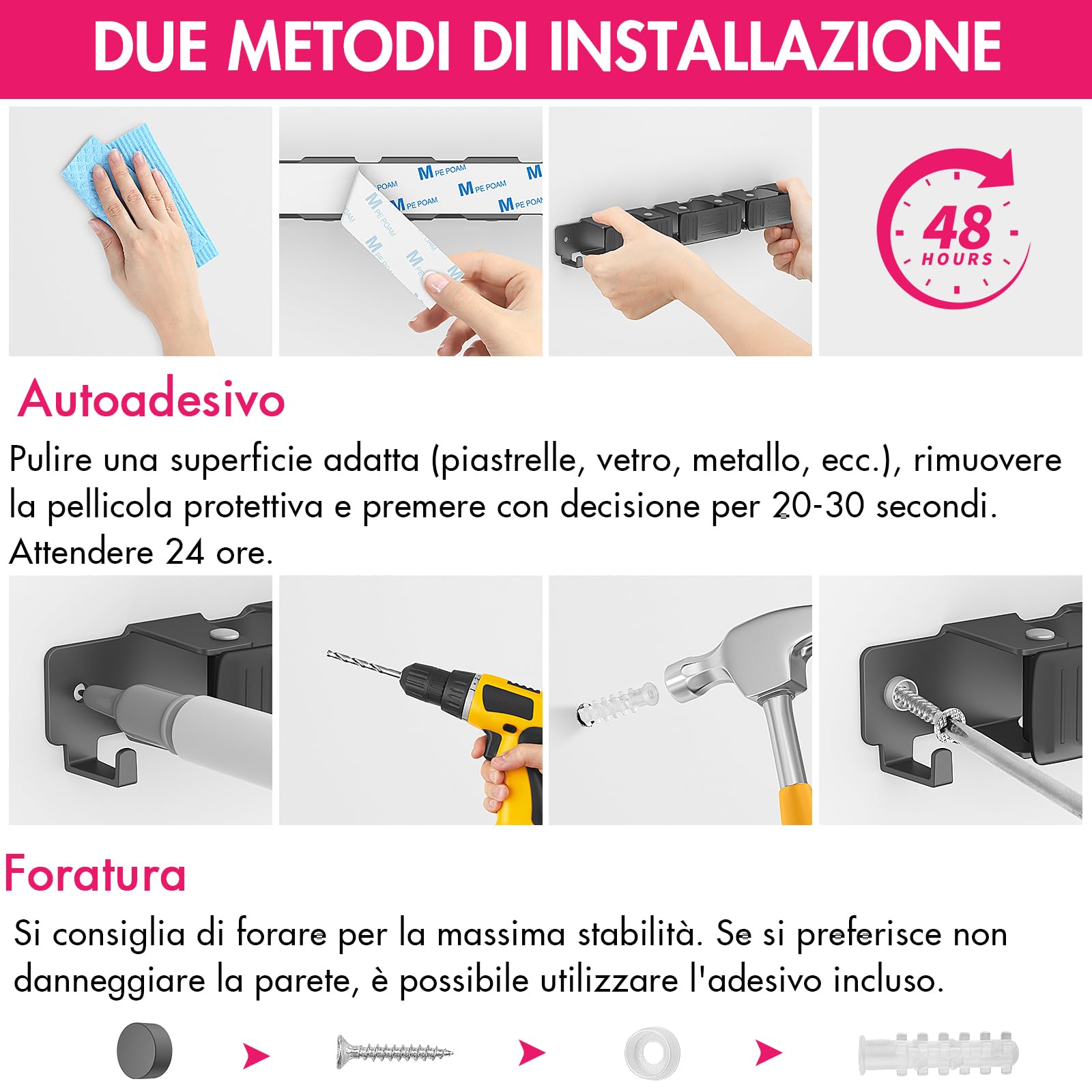 Portascope da Muro con 3 Supporti e 2 Ganci Autoadesivo Nero