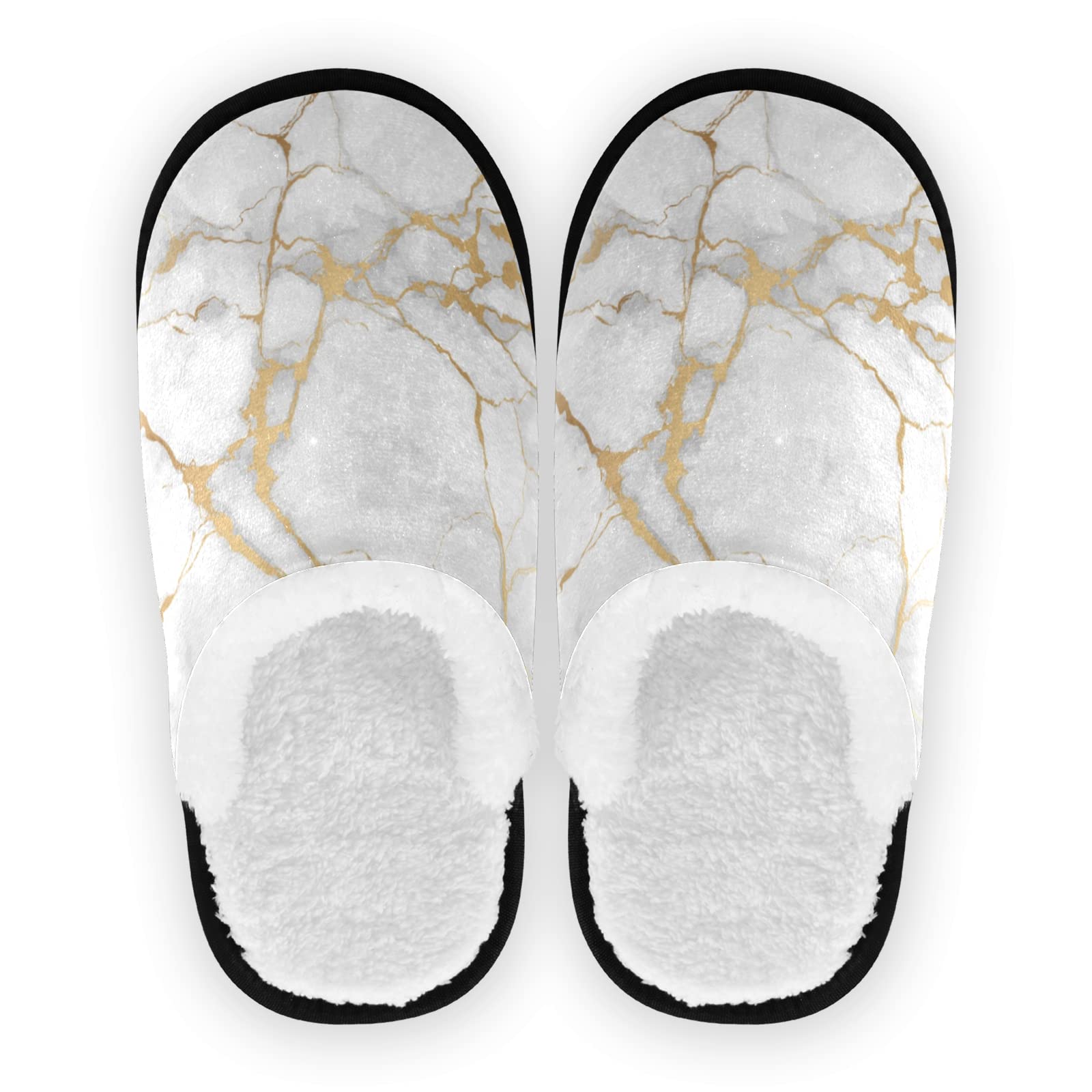 White Gold Marble Texture with Golden Lines Slipper, Fuzzy Feet Plush Cotton Slippers, Anti-Slip Warm House Hotel Spa Bedroom Travel Shoes Indoor Outdoor for Women Men L Size