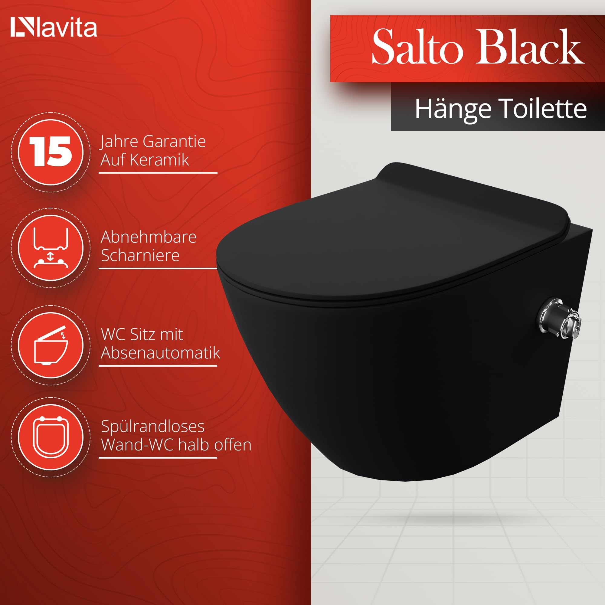 LAVITA Elemento de pared Solido + pared colgante de inodoro Salto negro sin borde + asiento de inodoro de cierre suave | botón cromado | juego completo | cisterna empotrada | inodoro completo