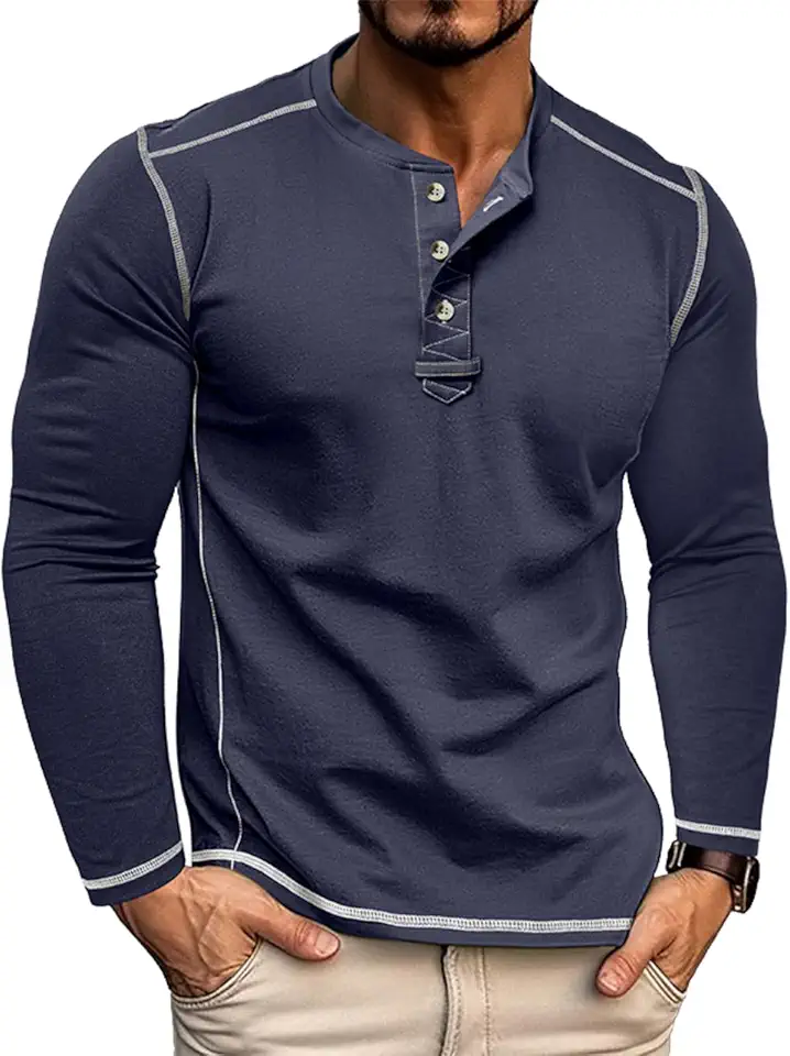 Estokap Mens Henley Shirt Long Sleeve Casual Button T-Shirts Fashion Cotton Soft Pullover Shirt