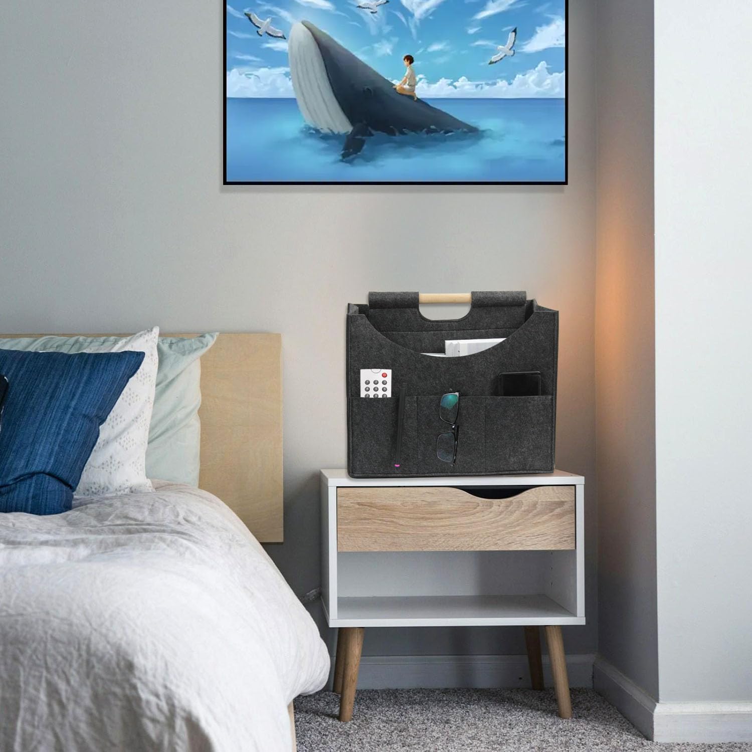 Foldable magazine storage basket, solid wood handle felt organizer, can store magazines, newspapers, laptops, glasses, phones and other items, suitable for home or office storage of (dark grey)