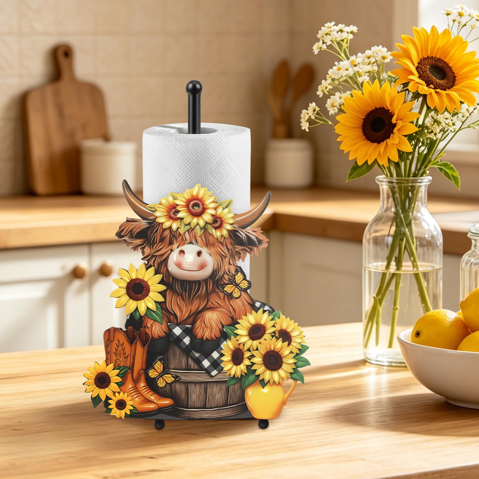 Highland Cow Paper Towel Holder - Free Standing Metal Kitchen Roll Holder with Weighted Base & Sunflower Design, Rustic Farmhouse Decor Stand for Countertop & Dining Table