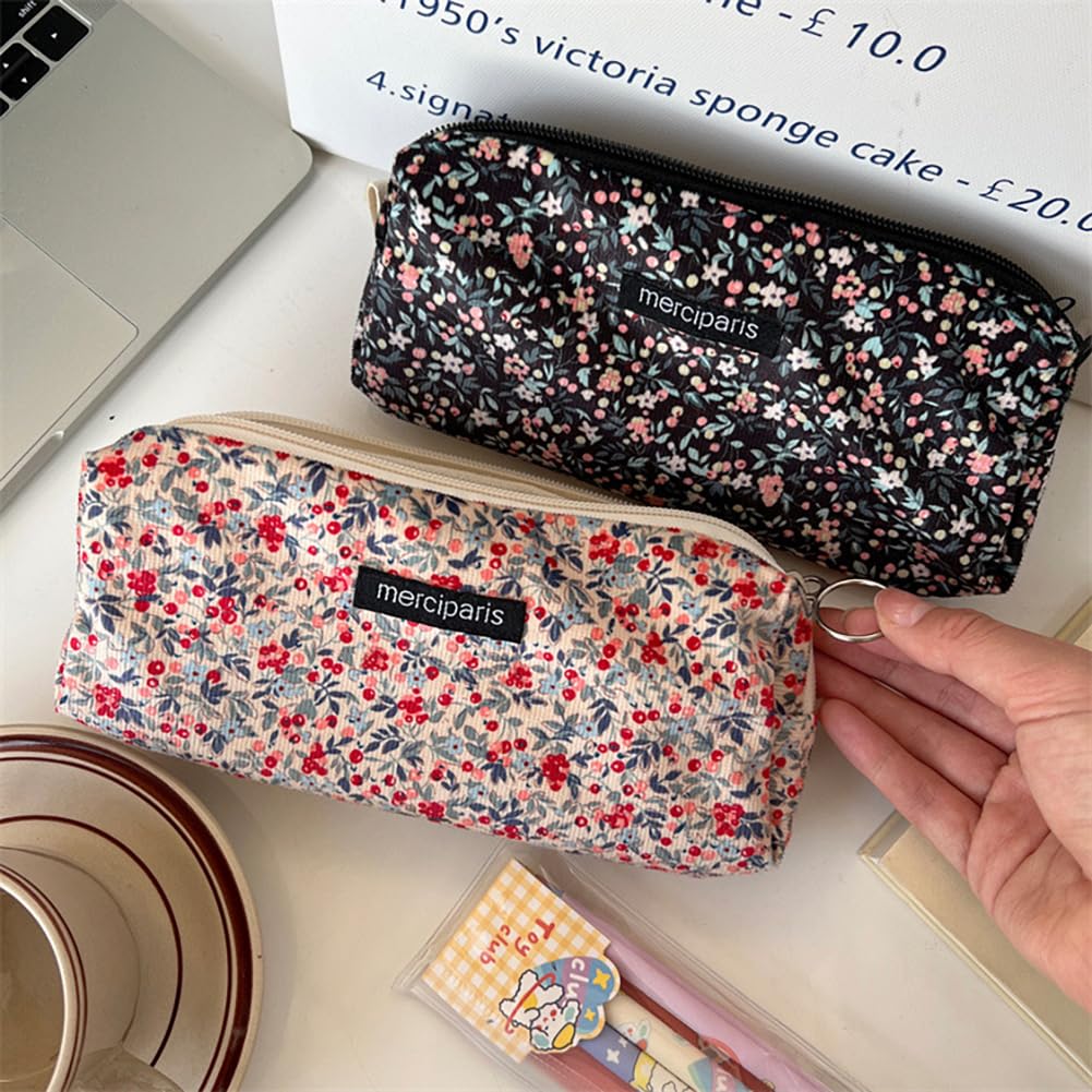 2PCS Pen Pouch Portable Storage Bag,Canvas Cosmetic Bag,Floral Printing Handbag Small Pouch with Zipper Storage Beauty Makeup Travel Accessory for Women Girls Gift - Image 4