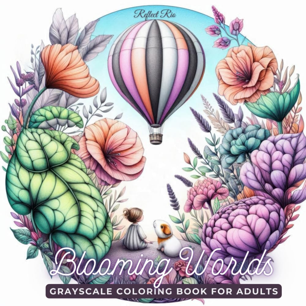 Blooming Worlds Coloring Book: Explore Magical Planets with Giant Flowers and Curious Creatures – A Captivating Adult Grayscale Coloring Adventure for