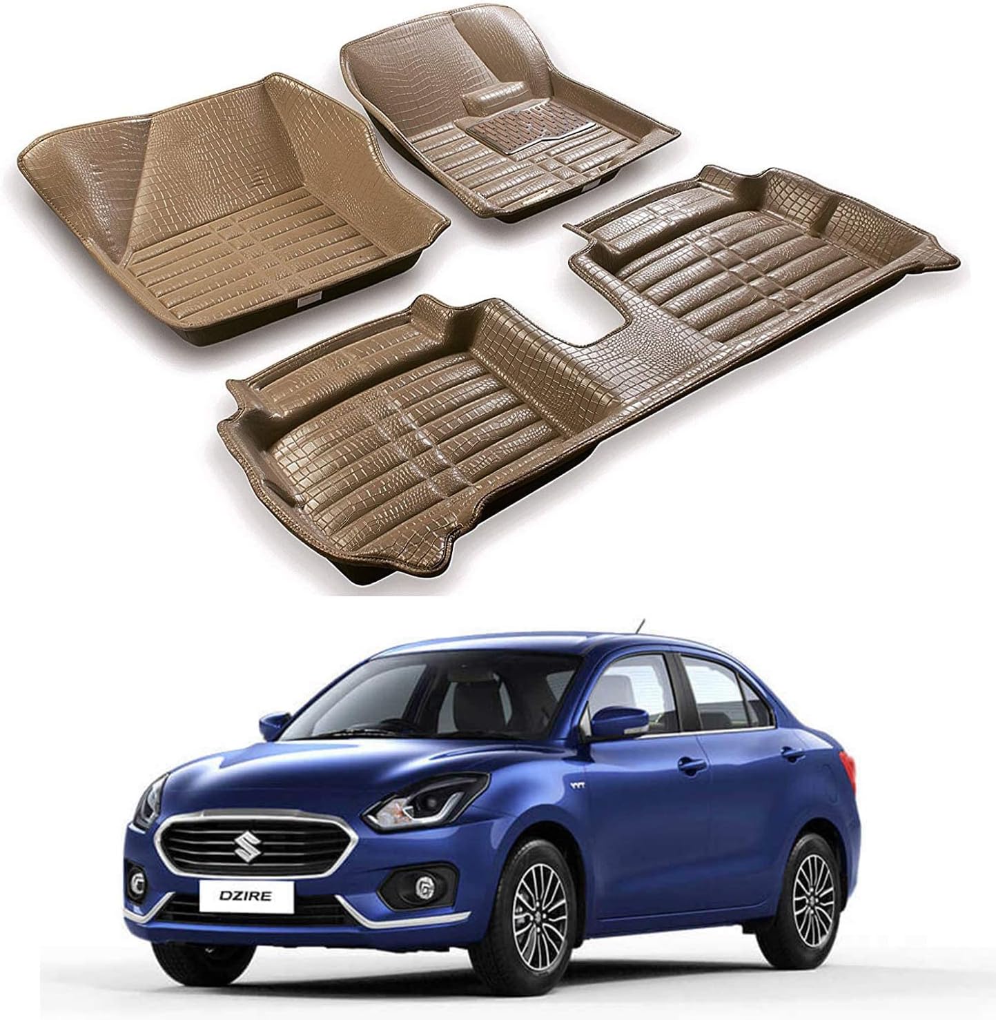 Oshotto Faux Leather 5D Car Mat Compatible with Maruti Suzuki Swift Dzire 2017-2025 - Set of 3, Beige