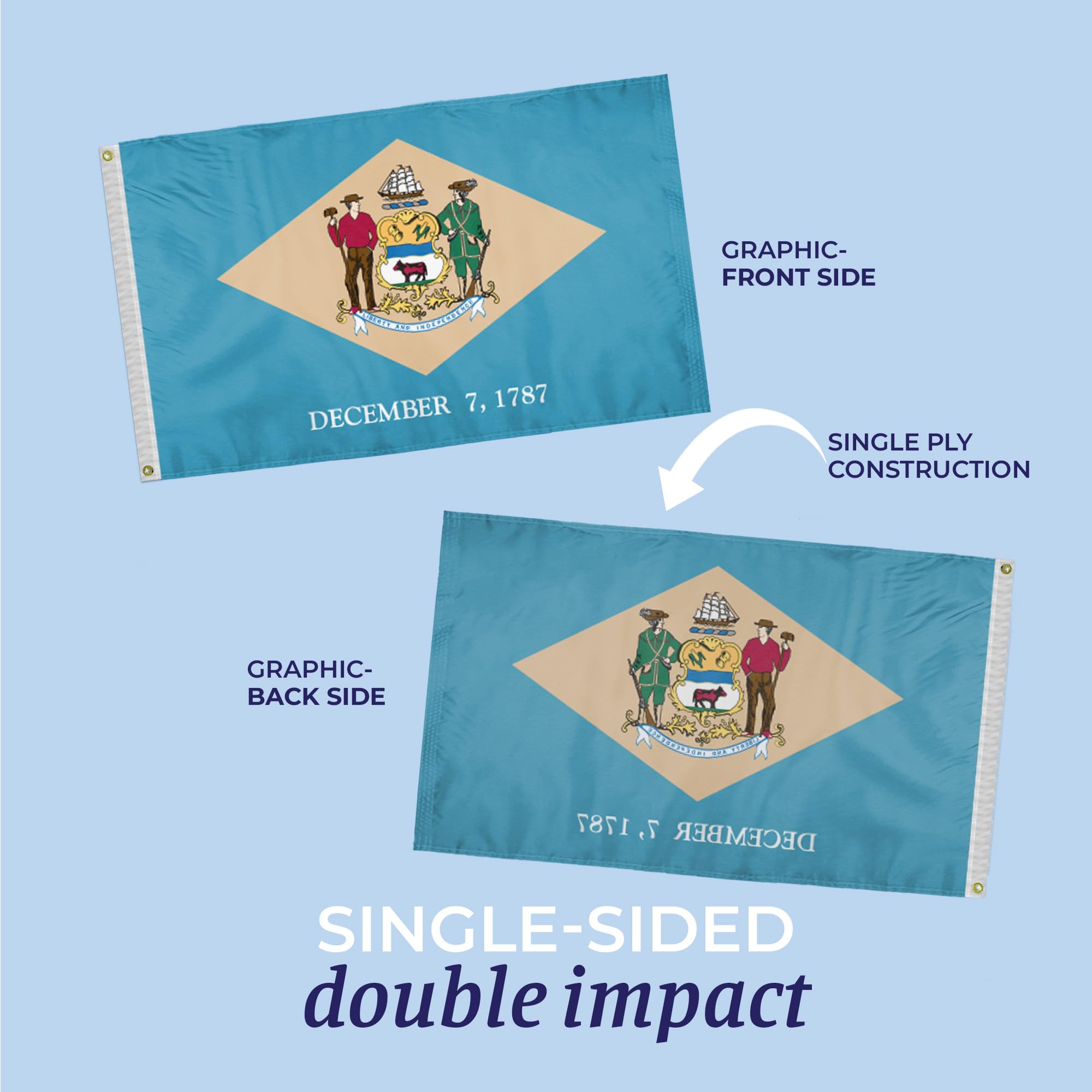 AGAS Small Delaware State Boat Flag 12x18 Inch - Single Ply Reverse Print on Back 200D Nylon 100% Bleed Through - Brass Grommets Fade Proof Vivid Colors - State of Delaware Nautical Flag for Boat or Car