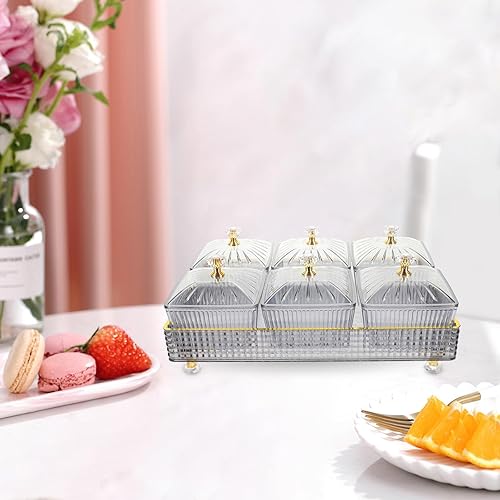 Miniatura 5 de Bandeja de frutas secas con tapa, 6 compartimentos para servir nueces y dulces, bandeja de aperitivos, caja de almacenamiento de alimentos, plato de