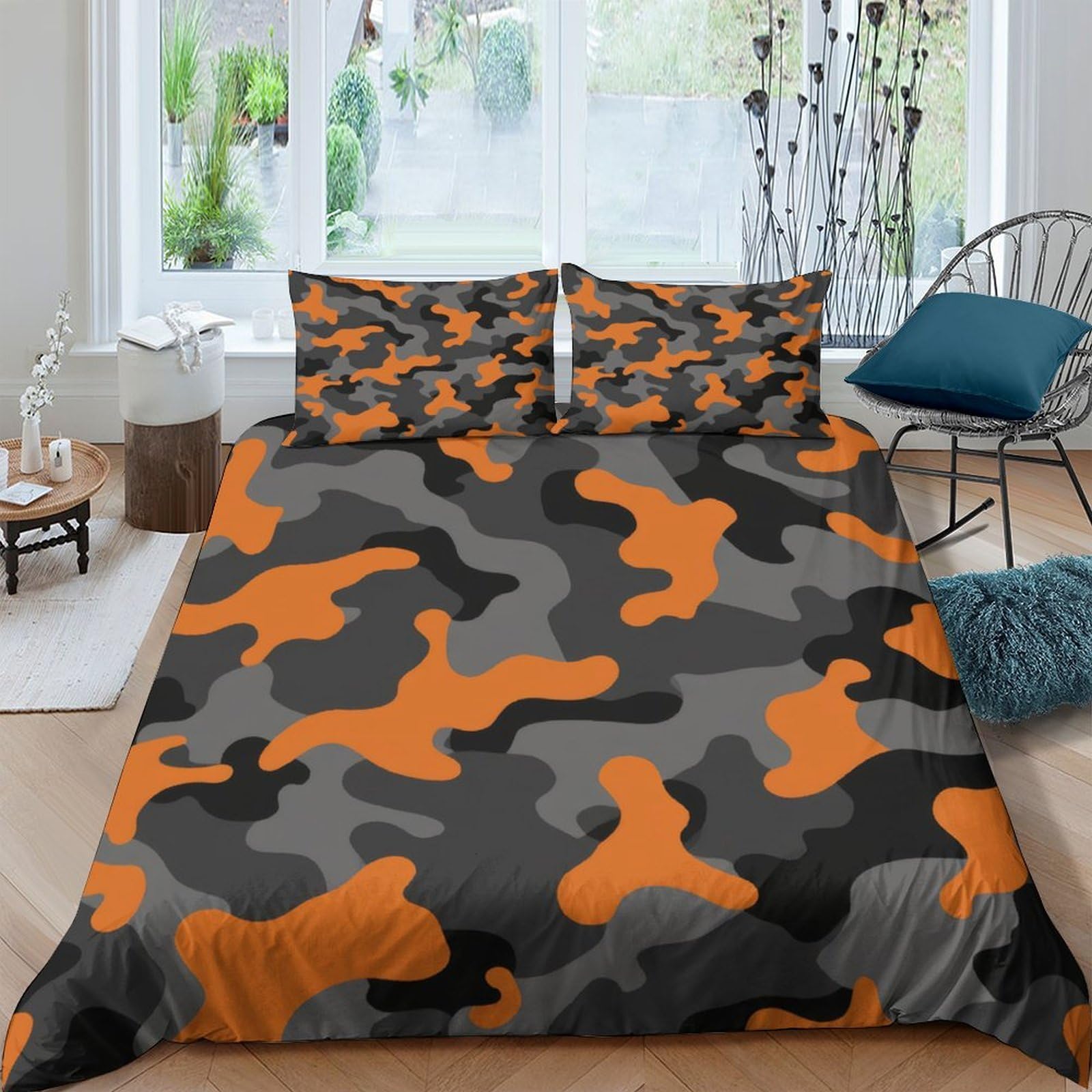 Ctjqhvkz Style-2 3D Printed Orange Camouflage Fitted Sheet Microfiber Soft Breathable Grey Black Camo Mattress Cover For Bedroom Dorm Decor Single（135X200cm）