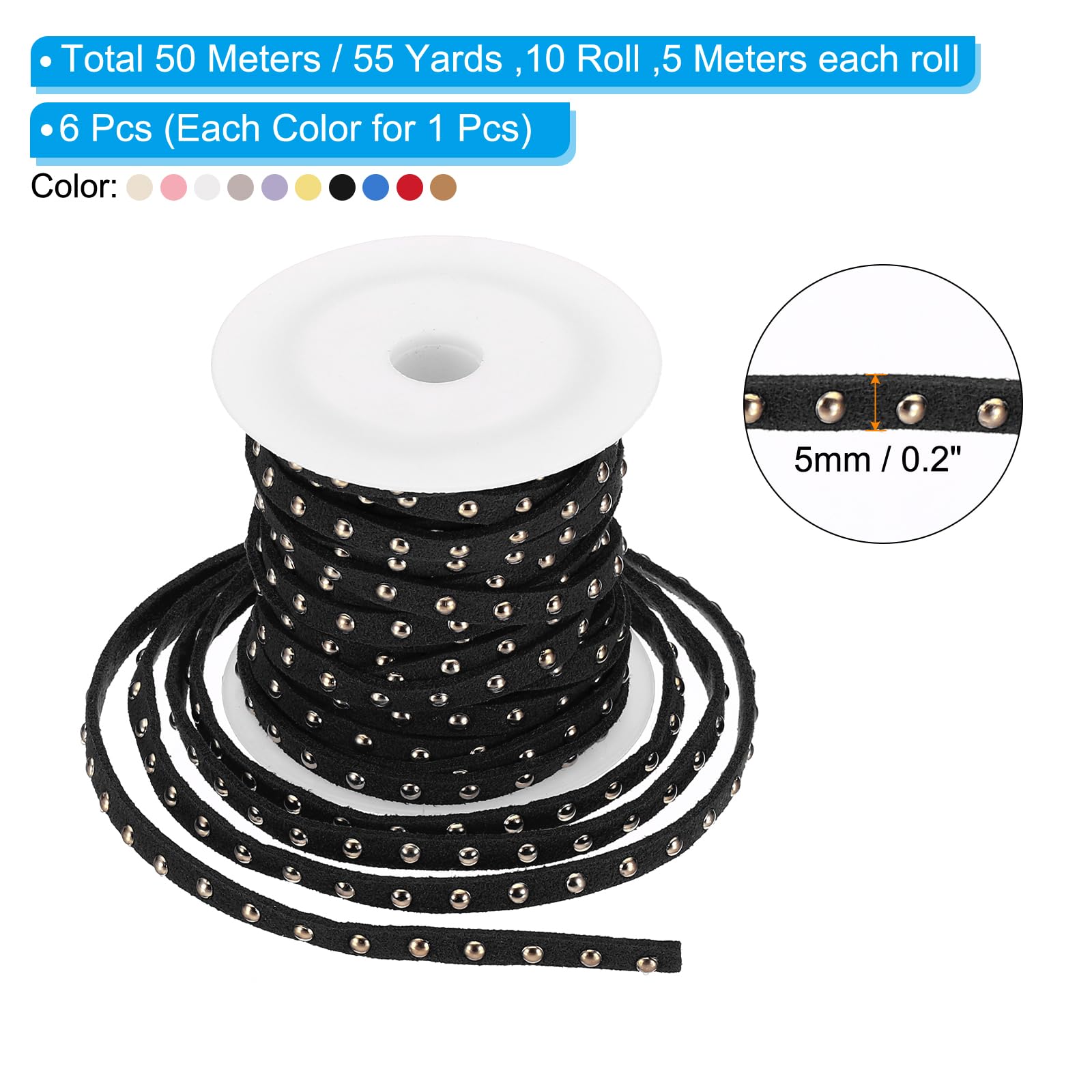 PATIKIL 54.7 Yards Studded Faux Suede Cord Rope for Jewelry Making 10 Pack Each 5 Meter 5mm Micro Fibre Flat Leather Lace Beading String Ribbon with Silver Rivets - Image 2