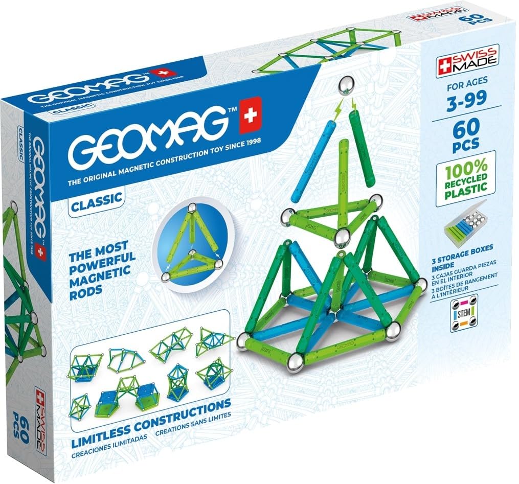 Geomag Color, Juego de Bloques de Construcción Magnéticos para Niños, Juguete Magnético, Colección Verde de Plástico 100% Reciclado, 60 piezas (272) - Amazon Vine