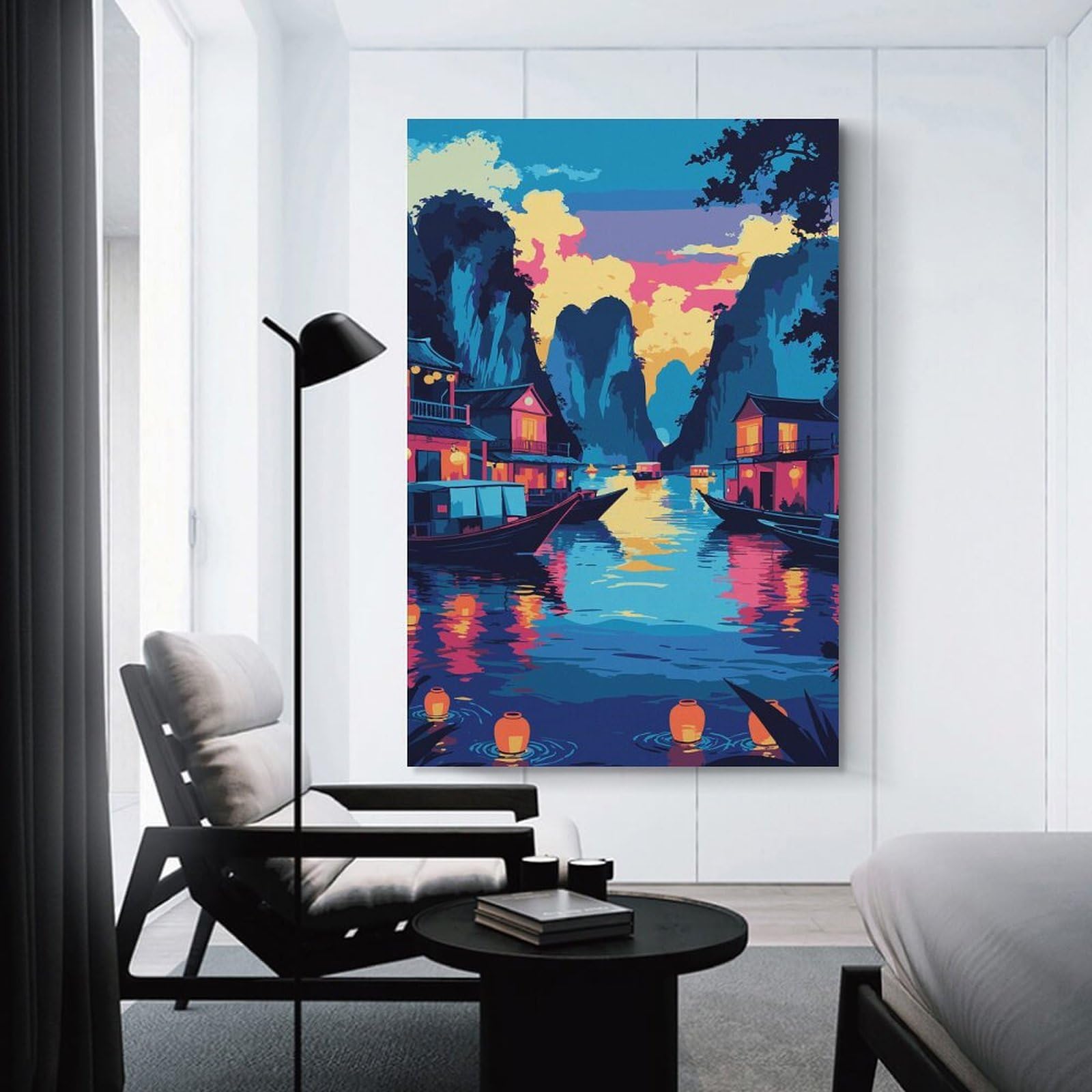 Junmoney Canvas Wall Decor Vibrant Asian River Village at Dusk, 24x36inch(60x90cm), for Gallery Wall Decor And Room Displays, An Easy Match for Collected Prints