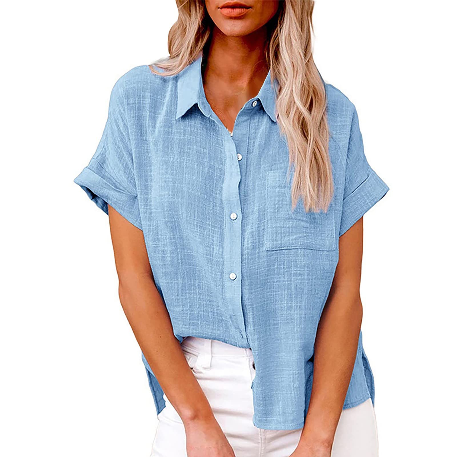 DGZTWLL Linen Shirts for Women Plus Size Short Sleeve Button Down Shirts Dressy Casual V-Neck Collared Tops Blouses Pocket