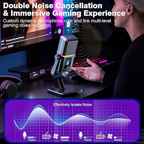 Miniatura 4 de Facmogu HK2 Micrófono para juegos, micrófono dinámico USB para juegos para PC, micrófono de transmisión de juegos de computadora con luz RGB, botón