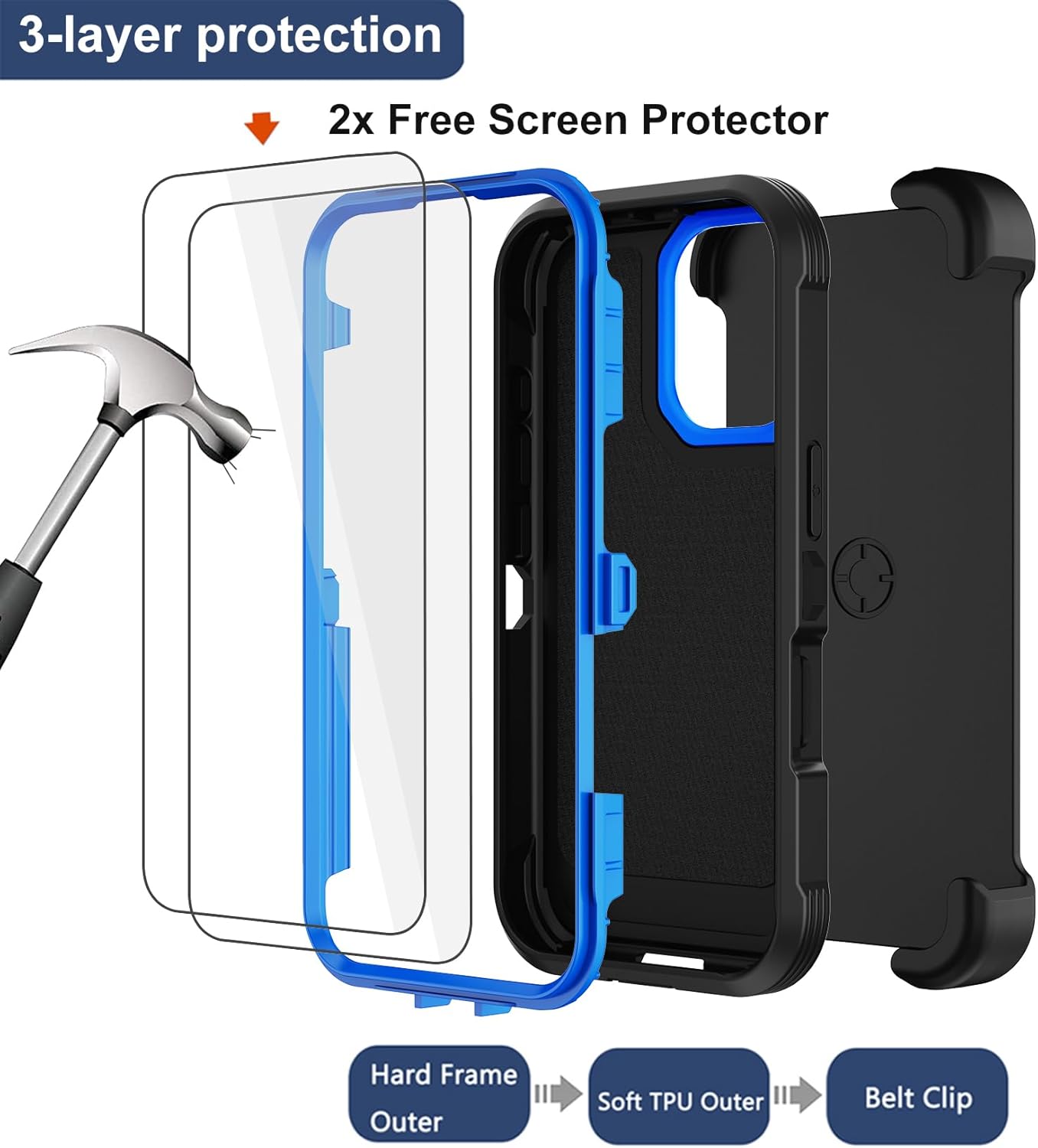 RubCase for iPhone 16 Case 6.1” with Belt Clip Holster, 2X Screen Protector, Heavy Duty Military Grade Full Body Shockproof Dust-Proof Drop Proof Rugged Protective Cover for iPhone 16 - Image 3