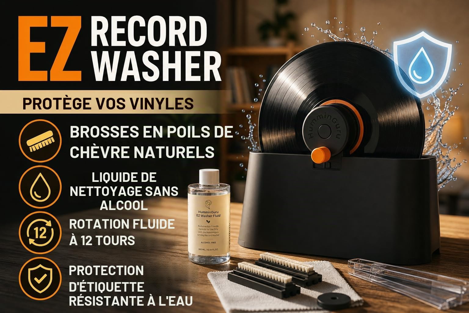 HumminGuru EZ Laveuse de Disques Vinyles Manuelle avec Essorage Facile et Pince à Étiquette Étanche, Kit de Nettoyage de Disques avec Brosses en Poils de Chèvre, Liquide sans Alcool,Étendoir & Chiffon