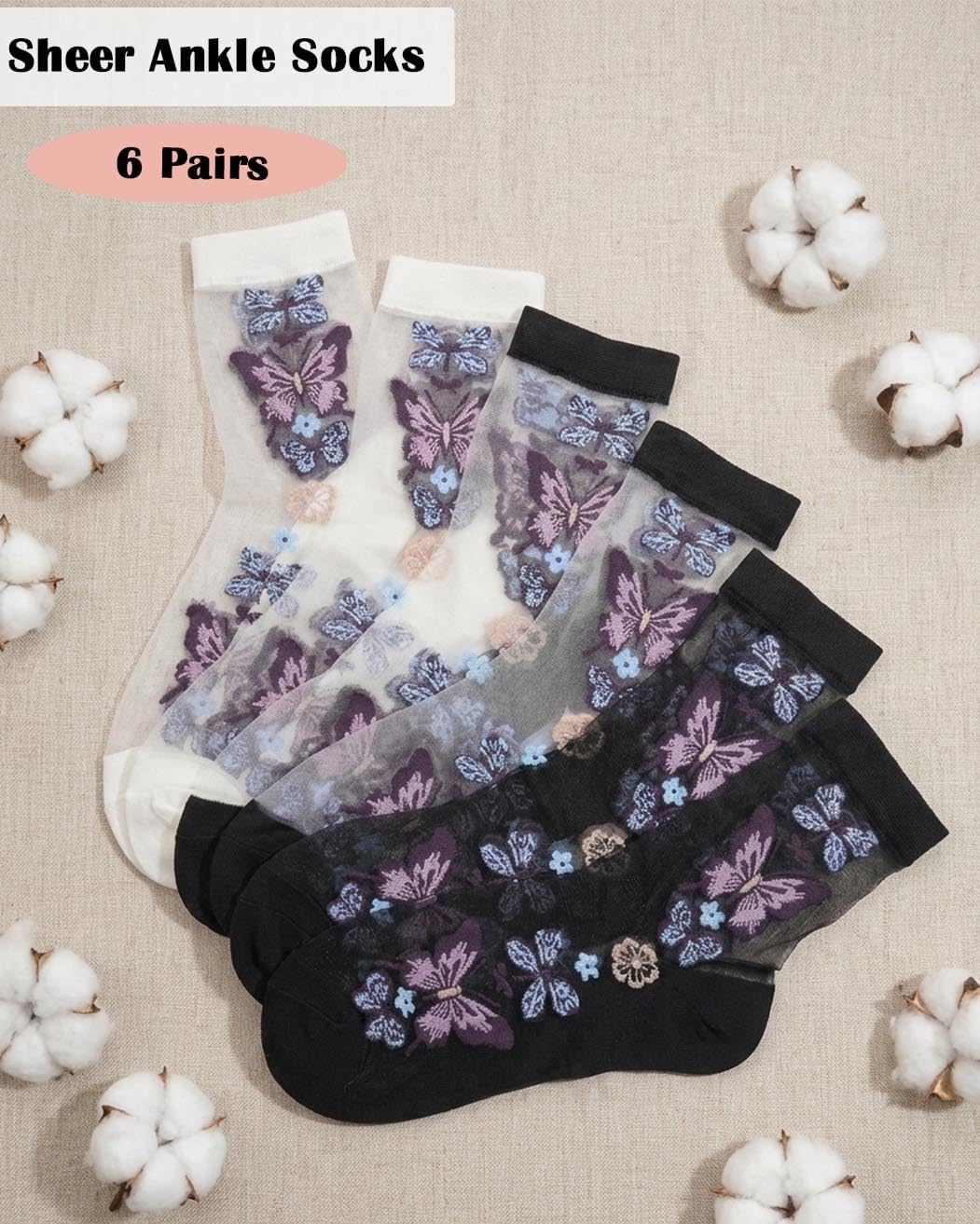 Women Sheer Socks Butterfly Sheer Ankle Socks Patterned See Through Sock(6 Pairs)