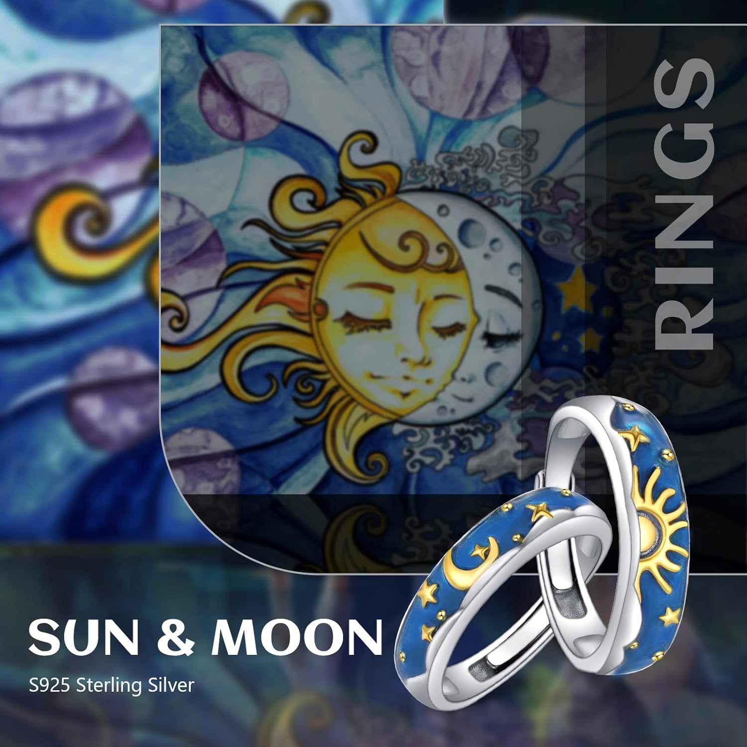 Cuoka Sun and Moon Couple Ring S925 Sterling Silver Sunburst Sunrise Crescent Moon Couples Matching Rings for Him Her Women Men Lover Promise Engagement Gift Jewelry 2 Set