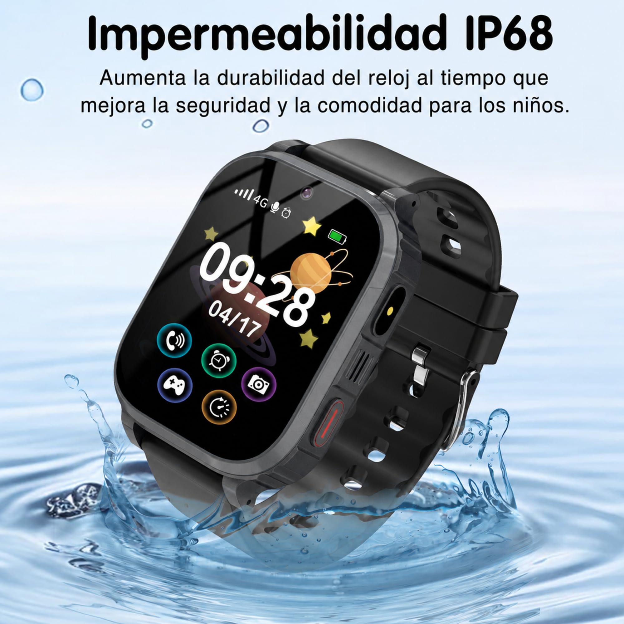 Reloj Inteligente Niño, IP68 Smartwatch Niños con GPS y Llamadas, 4G Telefono/SOS/WiFi Localizador/Videollamada/Voz Chat, Alarma, Modo Clase, Linterna, Juegos, Regalo para Niños y Niñas Navidad-Negro
