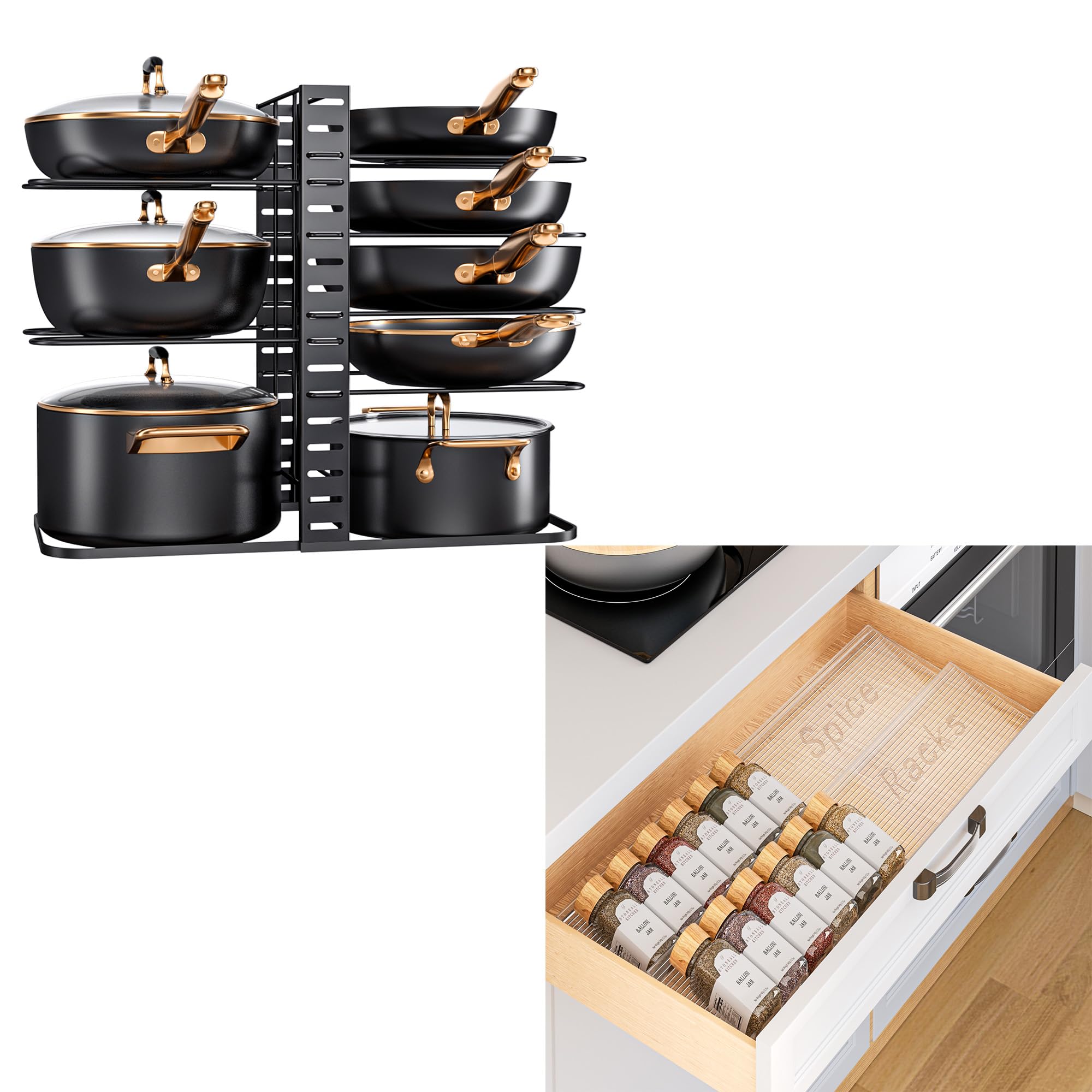 MUDEELA Pots and Pans Organizer : Rack under Cabinet and Expandable From 11'' to 22'' Spice Drawer Organizer Bundle