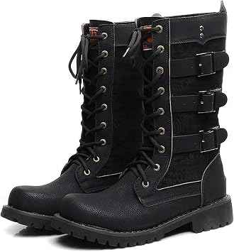Men Motorcycle High Top Long Boots Microfiber Leather with Side Buckle Lace Up Keep Warm Military Tactical Combat Outdoors Round Toe Black Backpacking Shoes Strong Outsole Wear-Resistant Footwears