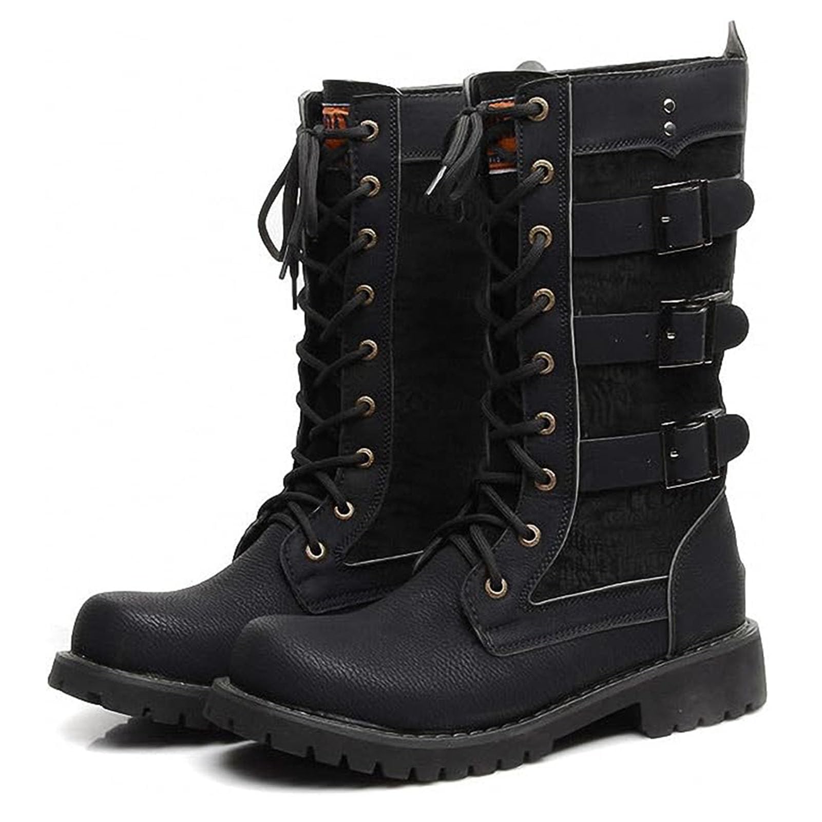 Men Motorcycle High Top Long Boots Microfiber Leather with Side Buckle Lace Up Keep Warm Military Tactical Combat Outdoors Round Toe Black Backpacking Shoes Strong Outsole Wear-Resistant Footwears 10