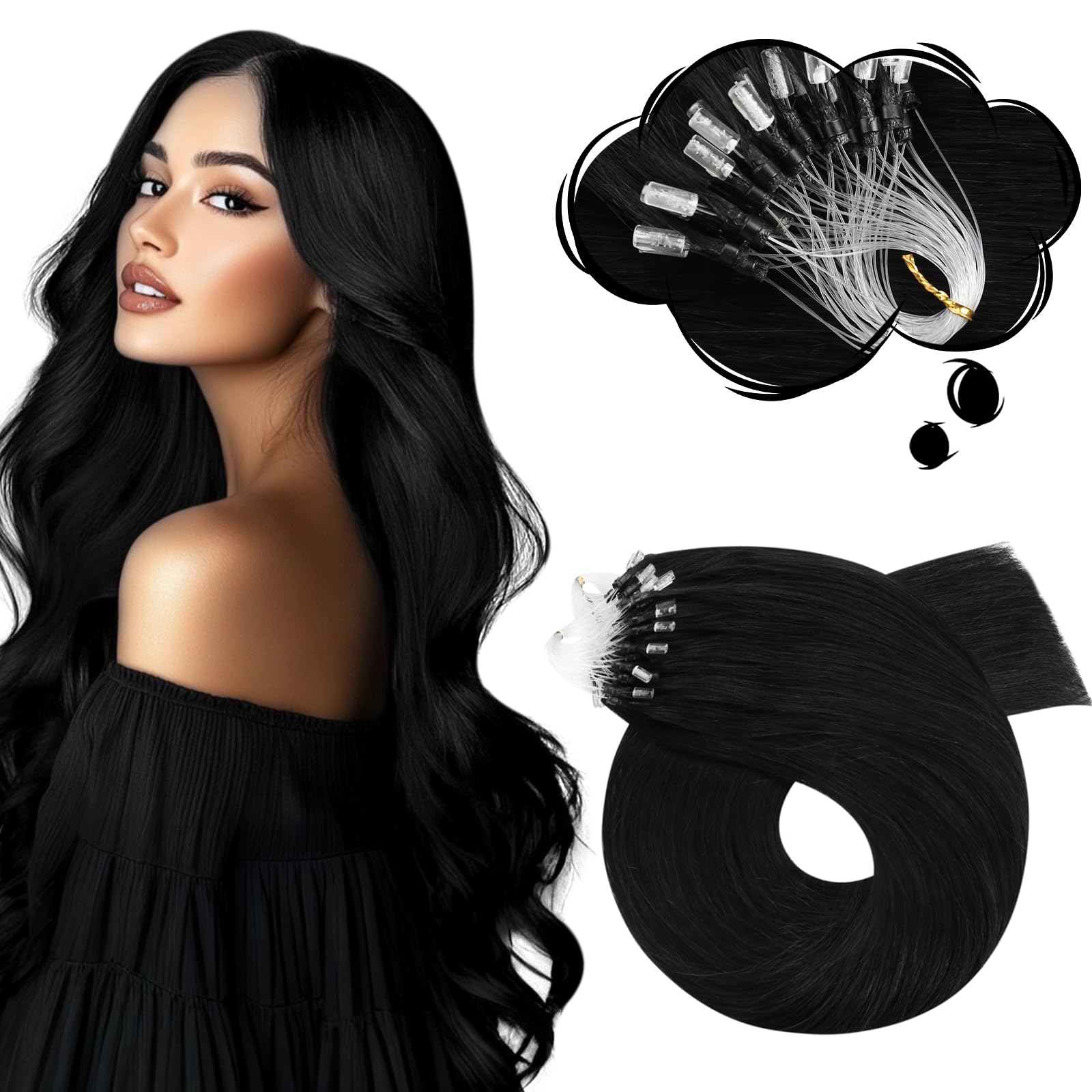 Moresoo Micro Loop Hair Extensions Real Human Hair Jet Black 20 Inch Real Straight Hair Micro Ring Human Hair Extensions Black for Women Cold Fusion Less Damage Hair 1G/Strand 50G/Pack #1