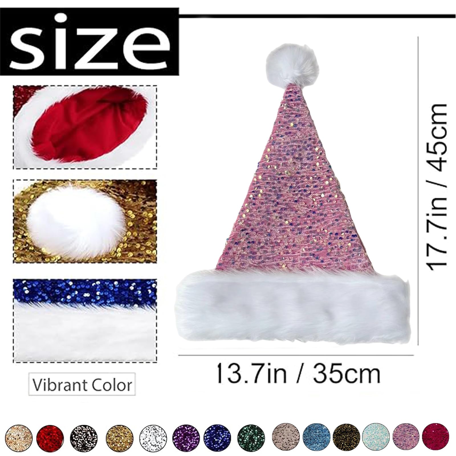 Pink Santa Hat Christmas Hats for Kids and Adults,Shiny Sequin Xmas Hat Unisex Classic Velvet Xmas Holiday Hat,Thicken Luxury Plush Santa Hats Santa Claus Hats for Christmas New Year Party Supplies - Image 2
