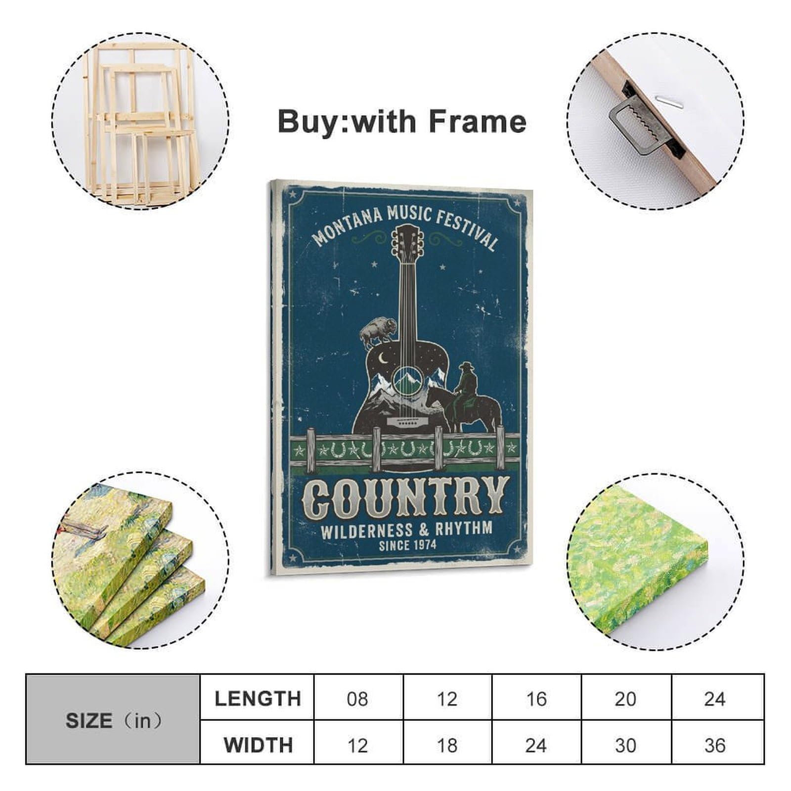 OKNGB Poster decorativo da parete su tela, motivo: chitarra del Montana, Wild West e musica country, poster decorativo moderno per camera da letto, 50 x 75 cm