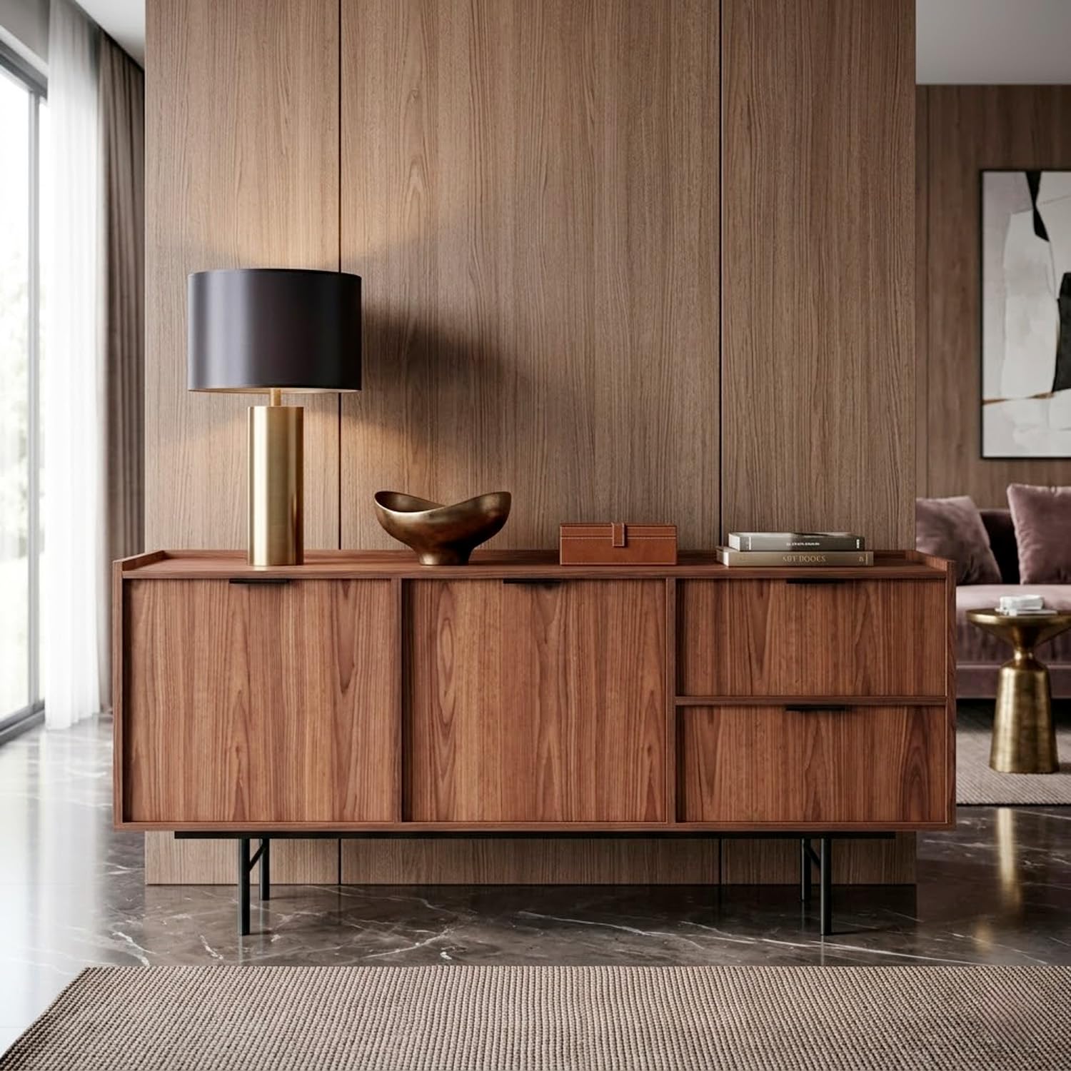 Madia Moderna Con 2 Ante 2 Cassetti E Ripiani Interni Credenza In Melaminico Con Gambe In Metallo Per Soggiorno Sala Da Pranzo Ingresso Ampio Spazio Contenitivo 150 X 40 X 68 Cm Noce