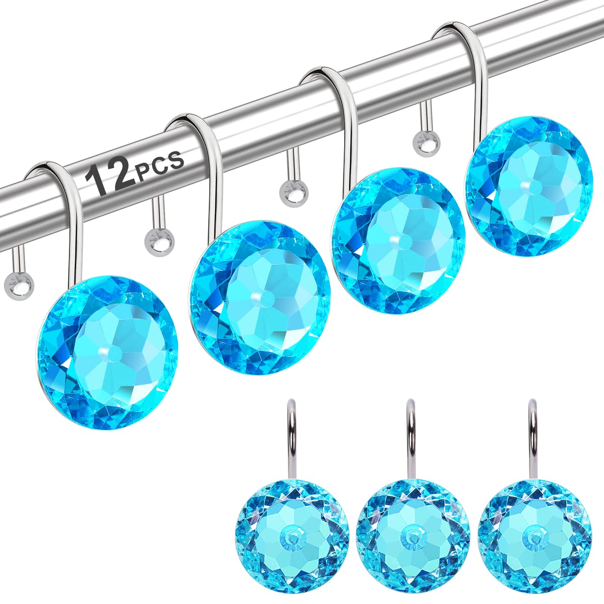 Shower Curtain Hooks Rings for Bathroom, 12PCS Stainless Steel Rust Resistant Decorative Rhinestones Shower Hangers for Curtains, Clothing, Towels, etc. (Aqua Blue) — image 1