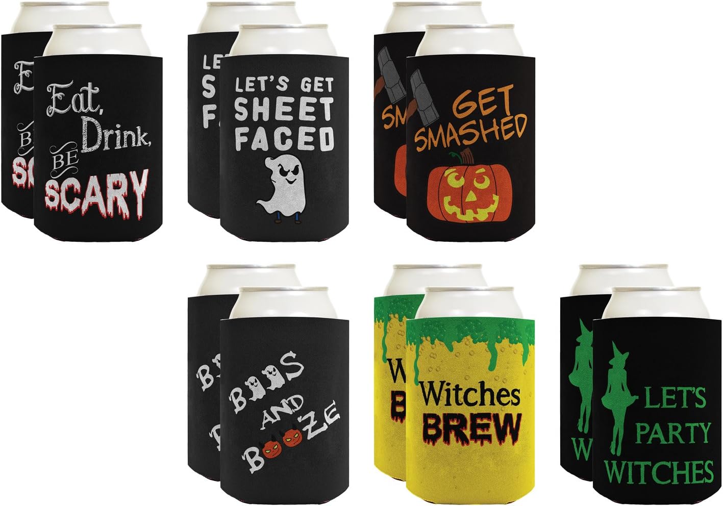 Funny Halloween Beer Coolie Bundle Scary Cute Halloween Party Costume Accessories 12 Pack Can Drink Coolers Multi Pack Bundle