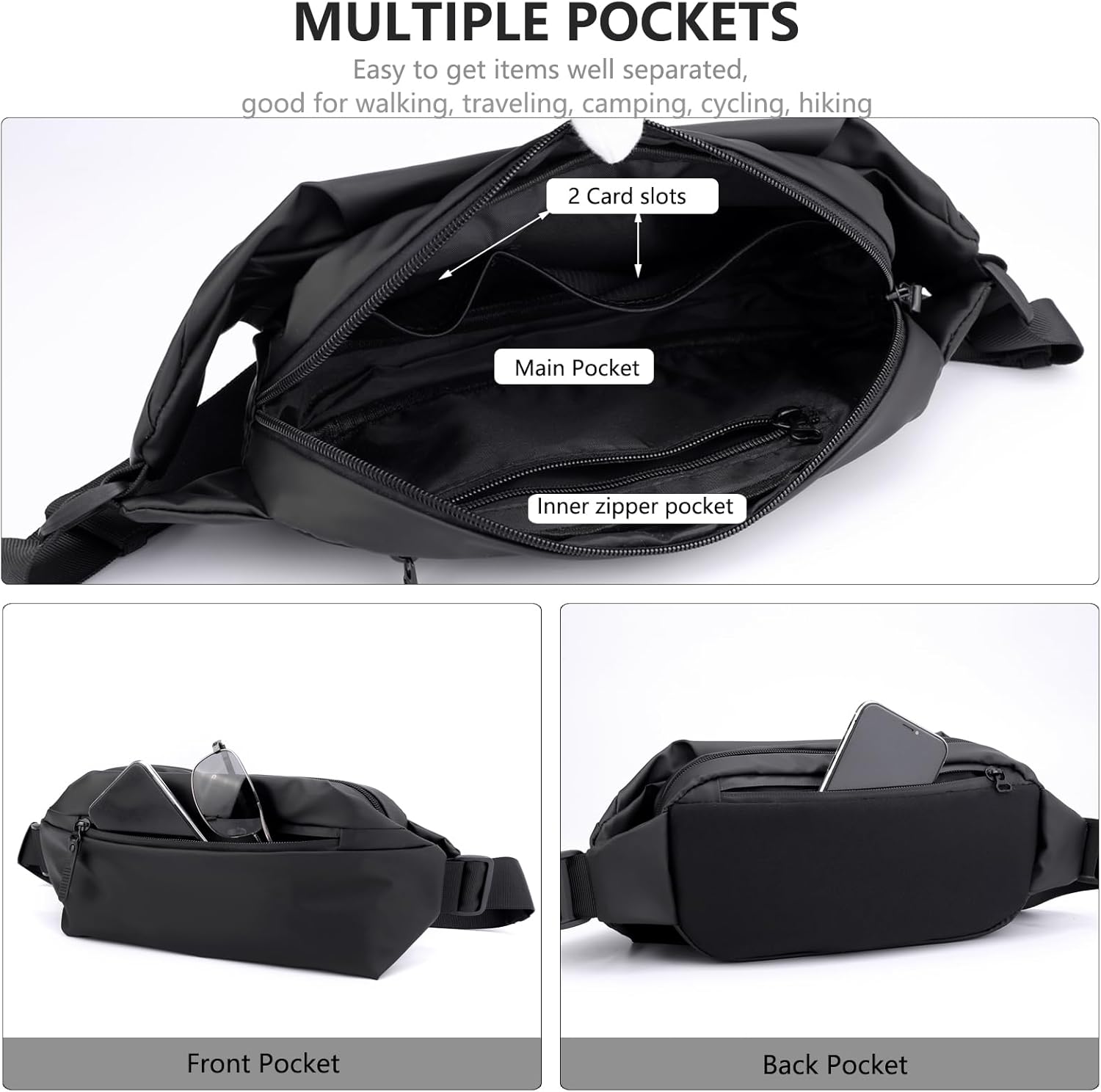 Entchin Crossbody Fanny Pack for Men Women, Large Waist Bag with 4-Zipper Pockets, Premium Belt Bag for Workout Traveling Camping Cycling (Black) - Image 3