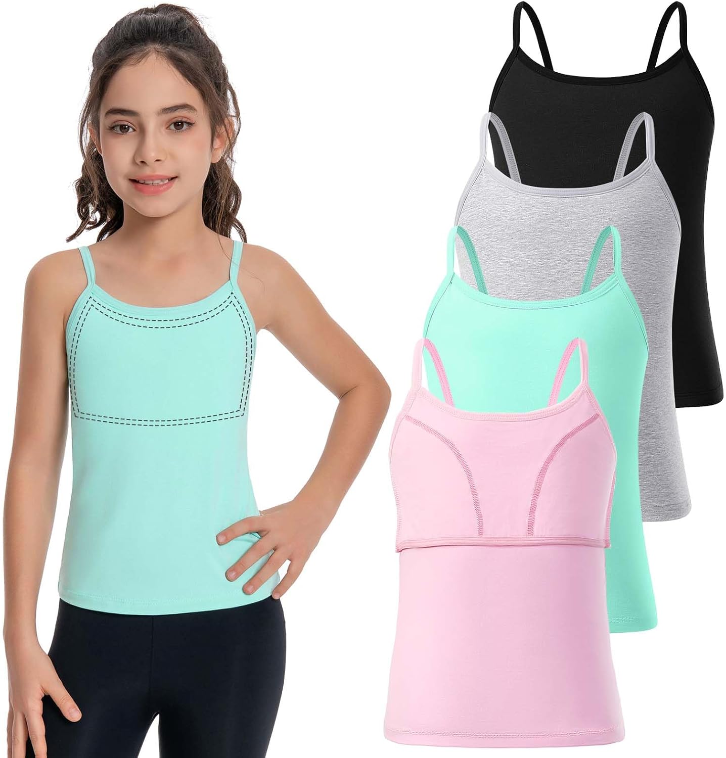 Femdouce 3-4 Pack Girls Cotton Camisole Training Bras Sleeveless Cami Tank Tops with Shelf Bra for Teens Girl(Ages 6-16Years)