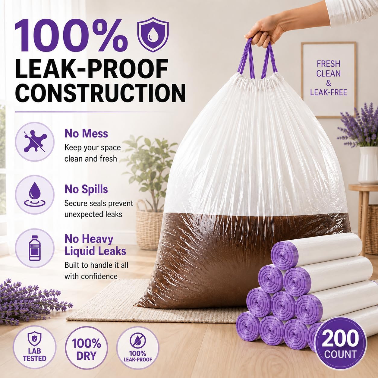 13 Gallon Tall Kitchen Trash Bags, 200 Count Lavender Scented | Drawstring Closure Odor Control Leak Resistant Tear Resistant Easy Tie Handles