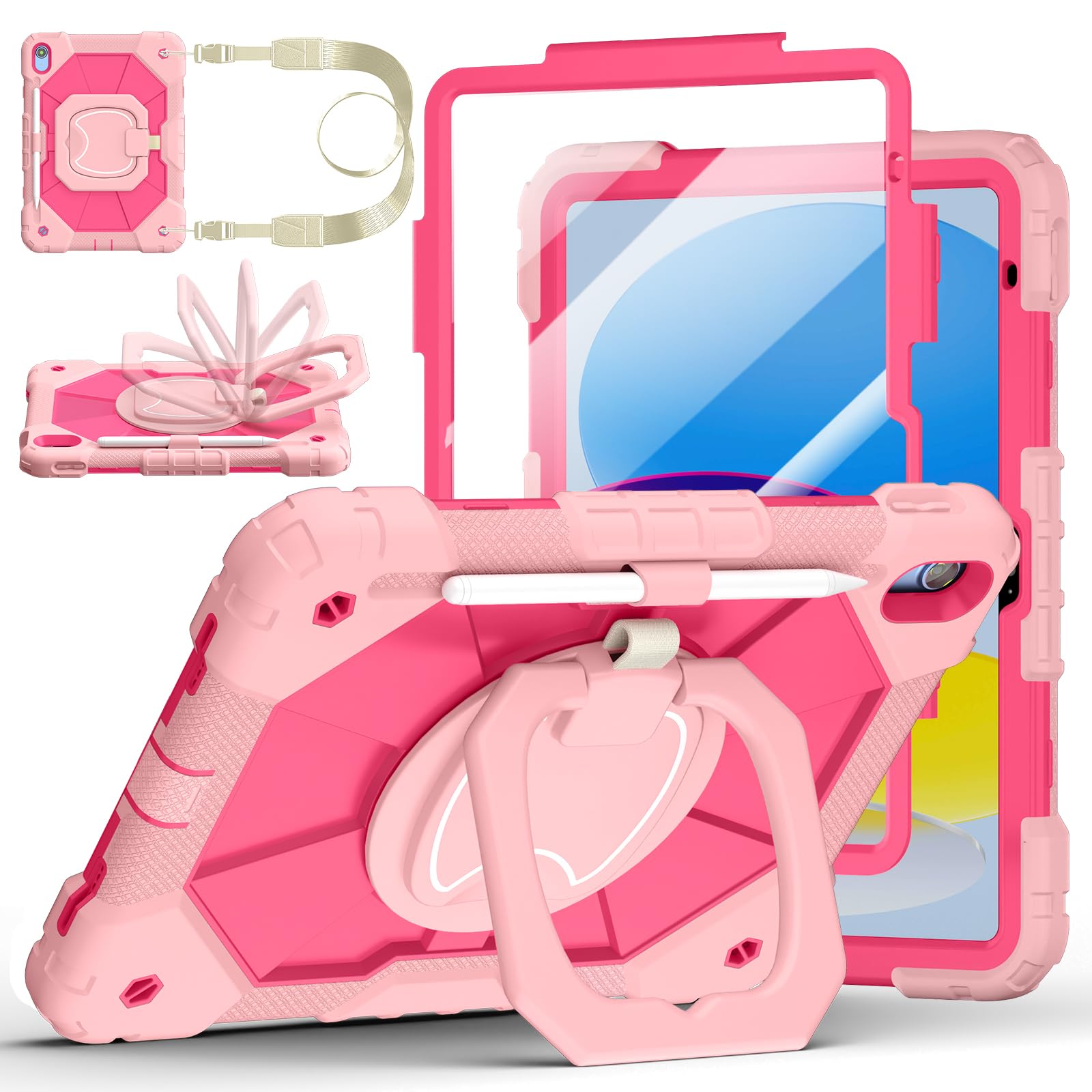 Case for iPad (A16) 11th Generation 11 Inch 2025, Ubearkk for iPad 10th Generation 10.9 inch 2022 case with Screen Protector 360 Degree Rotating Stand Shoulder Strap Pencil Holder, Rose Pink