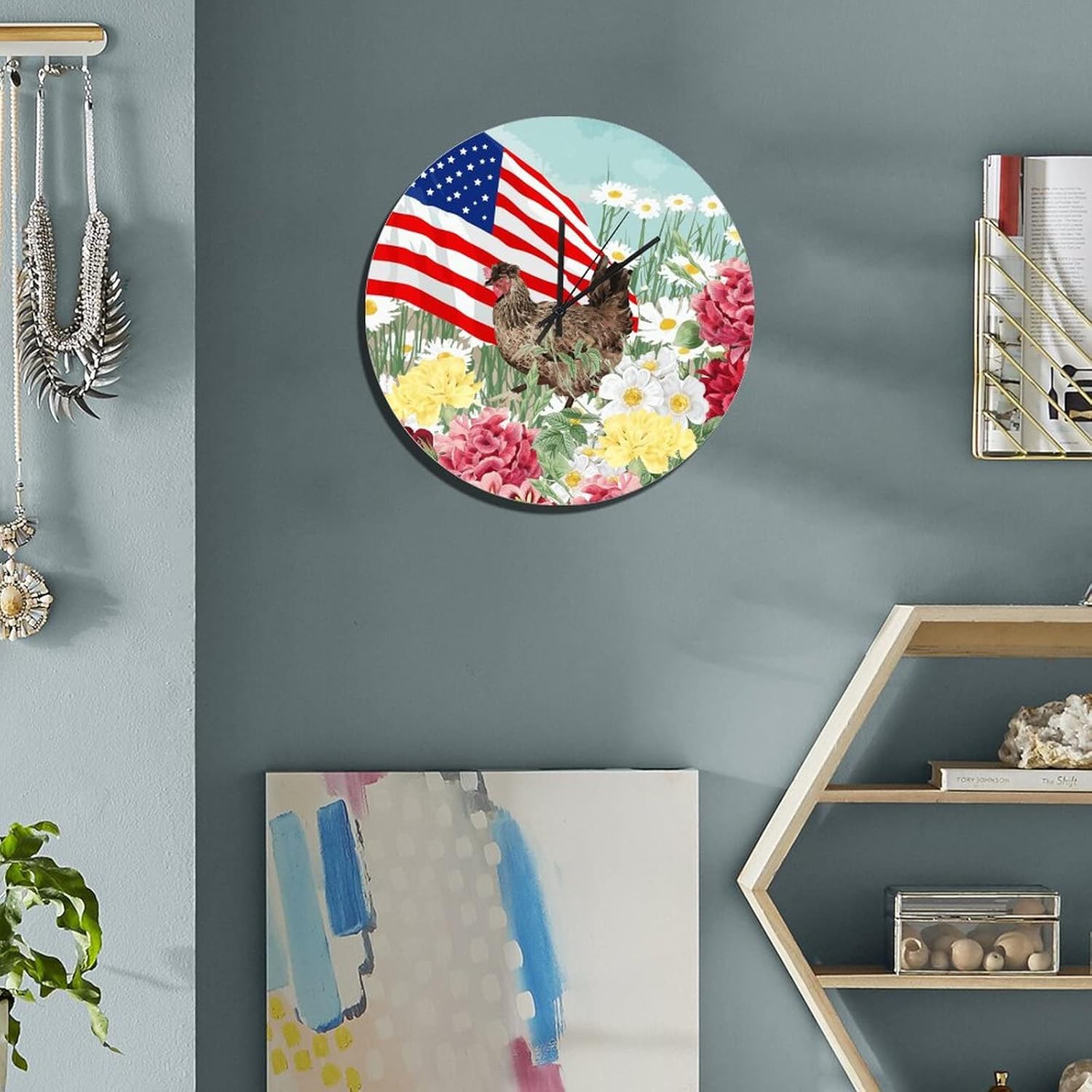 UFunhome Battery Operated Clock Silent Chicken Rooster Farm Animal Lily Floral Rose Flowers Ameraican Flag for Patio Pool Bathroom Bedroom Wall Clocks Modern Patriotic Memorial Day Decoration 15-Inch