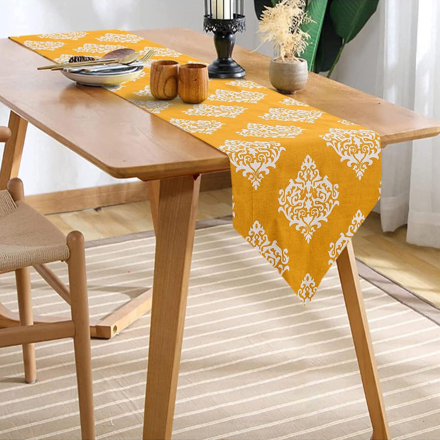 Urban Space100% Cotton Dining Table Runner, Printed Anti Skid Runner for Dining / Center Table, Suitable for 4 Seater & 6 Seater 13 x 76 - Motif Mustard