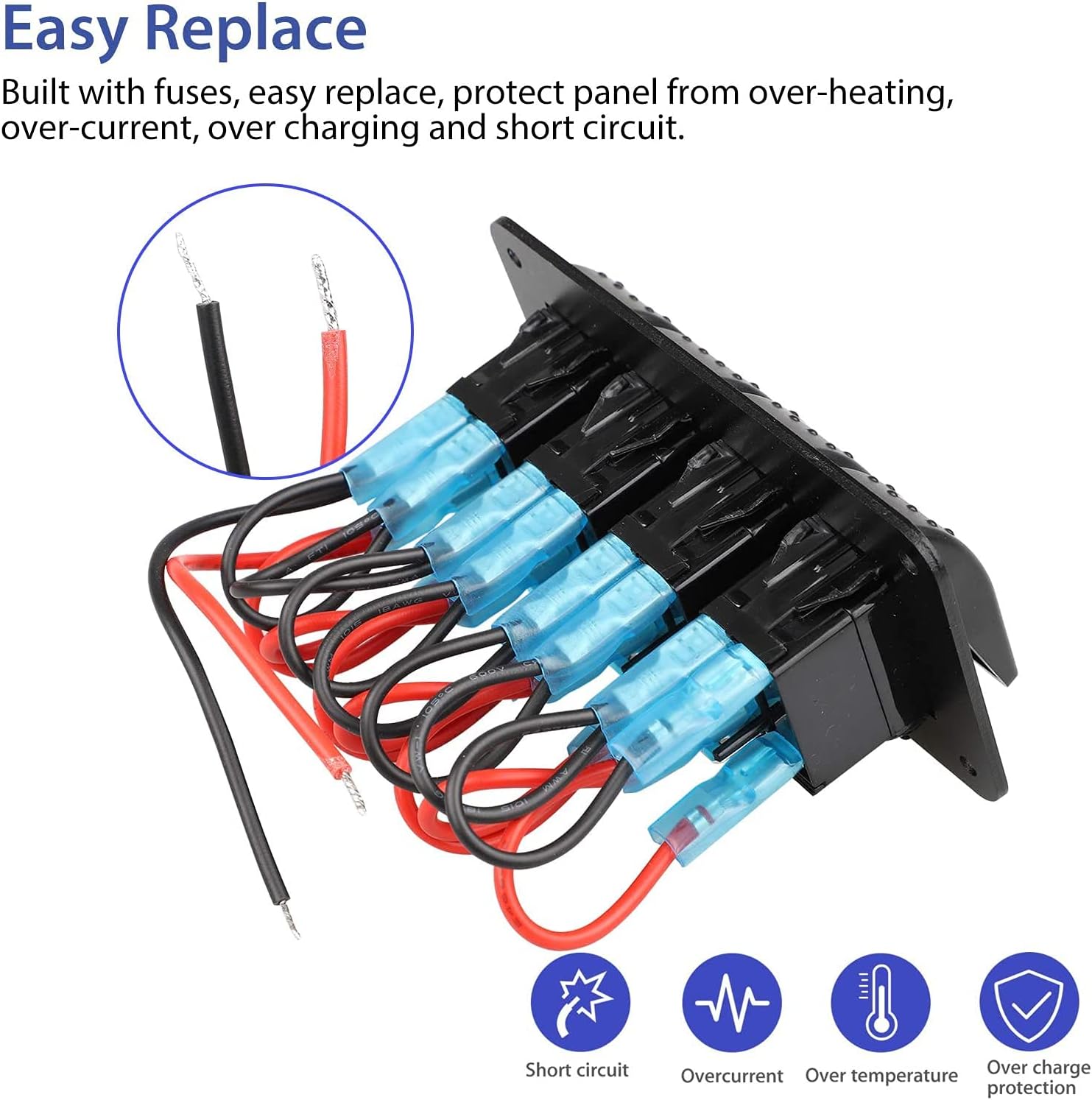 SUNJOYCO 4 Gang Rocker Switch Panel, Waterproof 5 Pin On-Off Toggle Switches 12V/24V with Blue LED Light for RV Marine Boat Car Vehicles Truck
