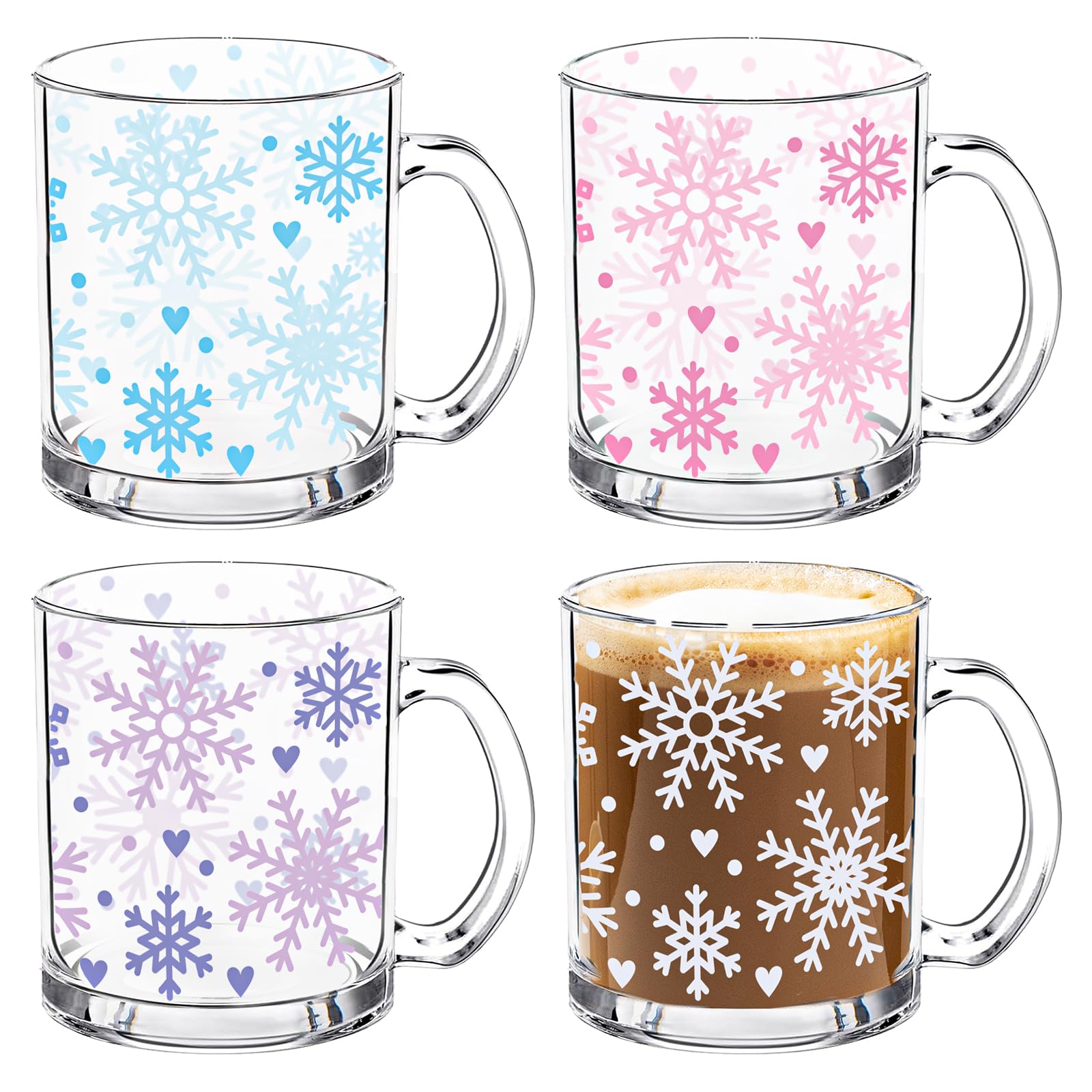 Whaline 4 tazze da caffè natalizie in vetro con manico con fiocco di neve invernale tazze da caffè tazze per bevande calde fredde acqua tè latte