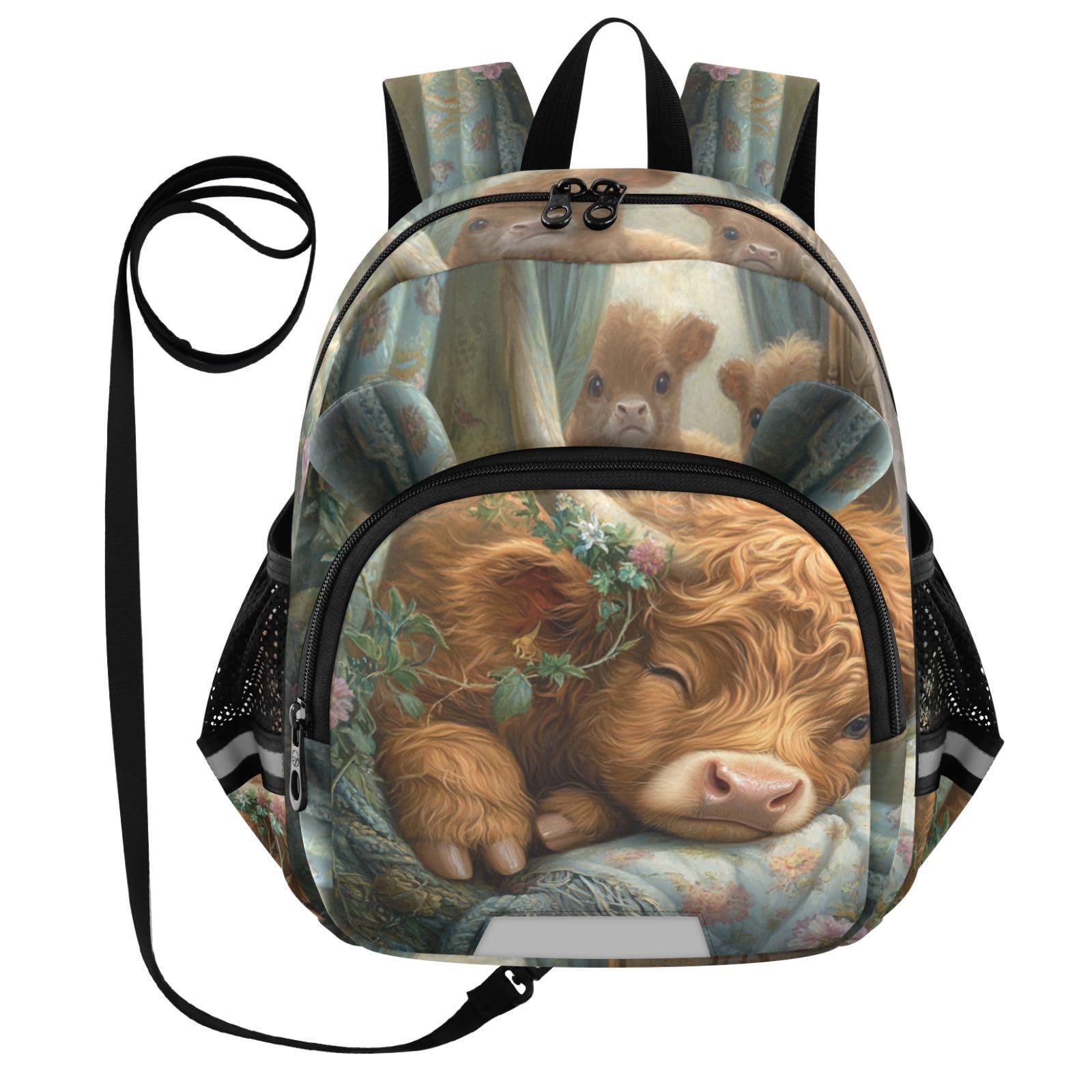 Floral Highland Cow Toddler Harness Backpack for Boys Girls 3-6 Years Kids Backpack with Anti Lost Safety Leash Baby Harness Bookbag for Preschool Travel Walking