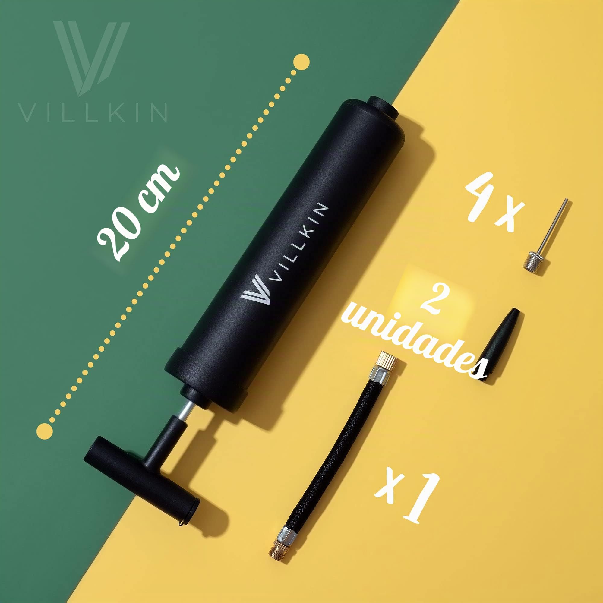 Villkin Inflador para Pelotas con 4 Agujas de Metal, 2 Boquillas de Plástico, Manguera Flexible - Negro