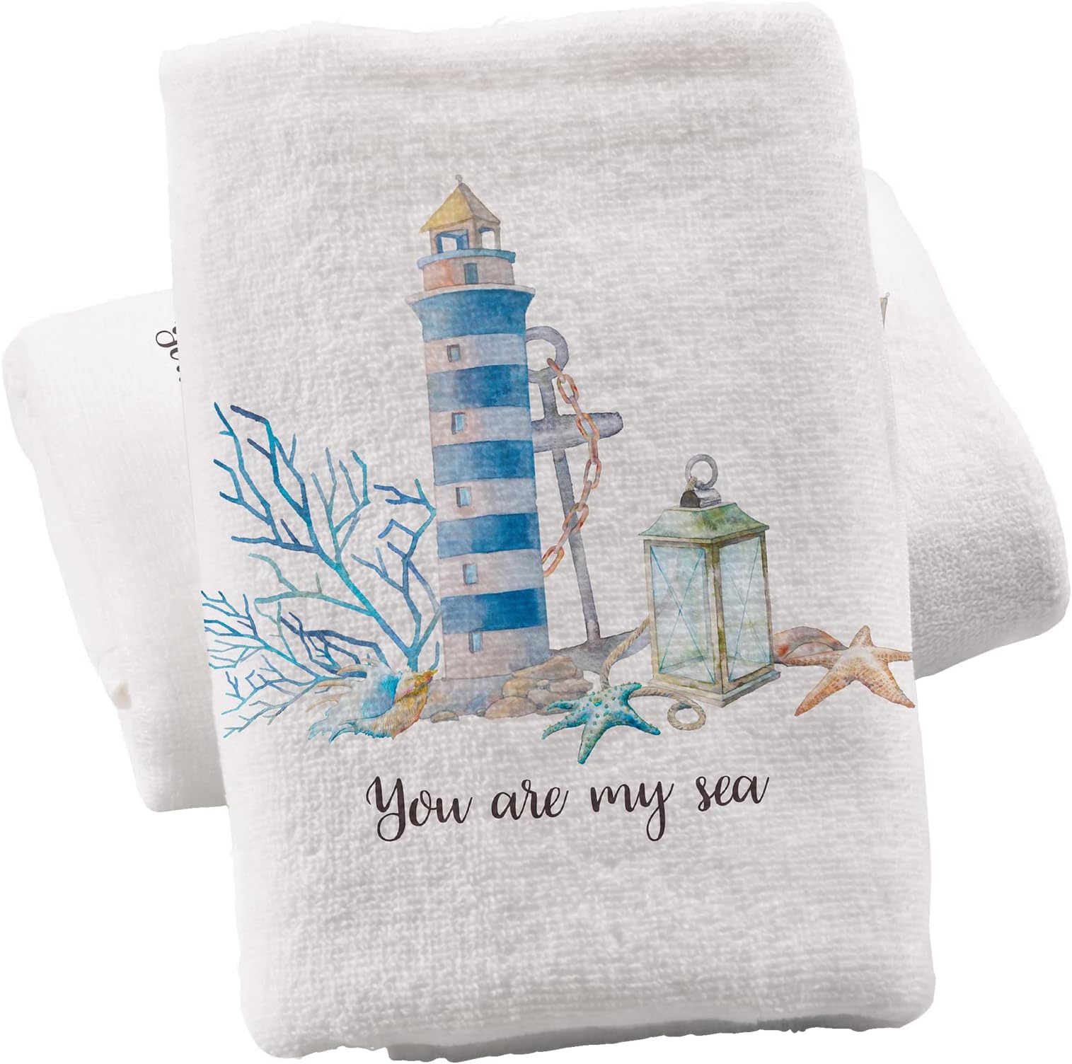 ALAZABeach Coastal Hand Towels for Bathroom Set of 2,Cotton Soft Absorbent Nautical Ocean Anchor Lighthouse Bath Towels Fingertip Towel Decorative 15.5x29.5 Inch