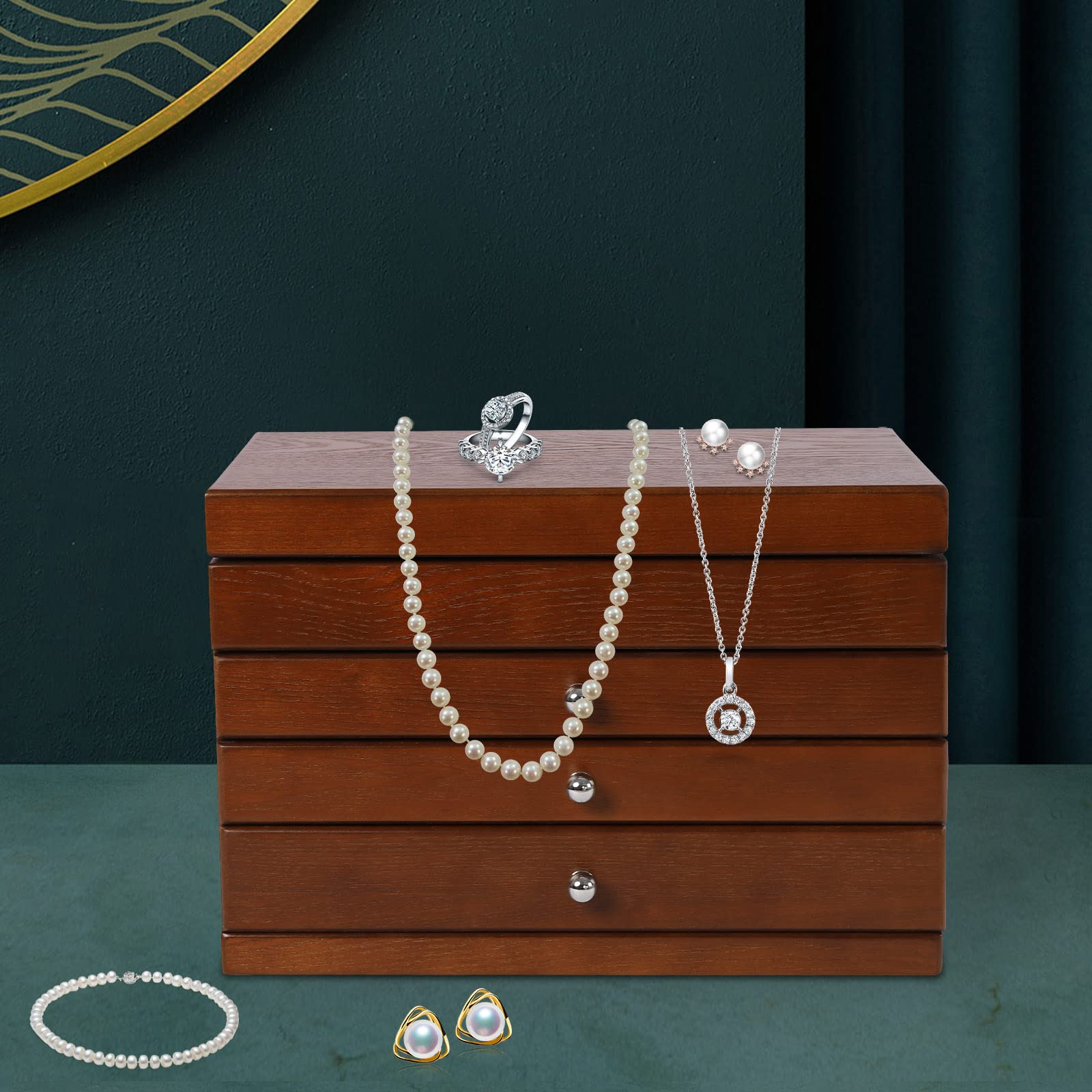 Schmuckkästchen Serie Schmuckkasten mit Spiegel 4-lagiger Schmuck-Organizer aus Massivhol 3 Schubladen für Ringe, Ohrringe, Armbänder, Halsketten（Holzfarbe）