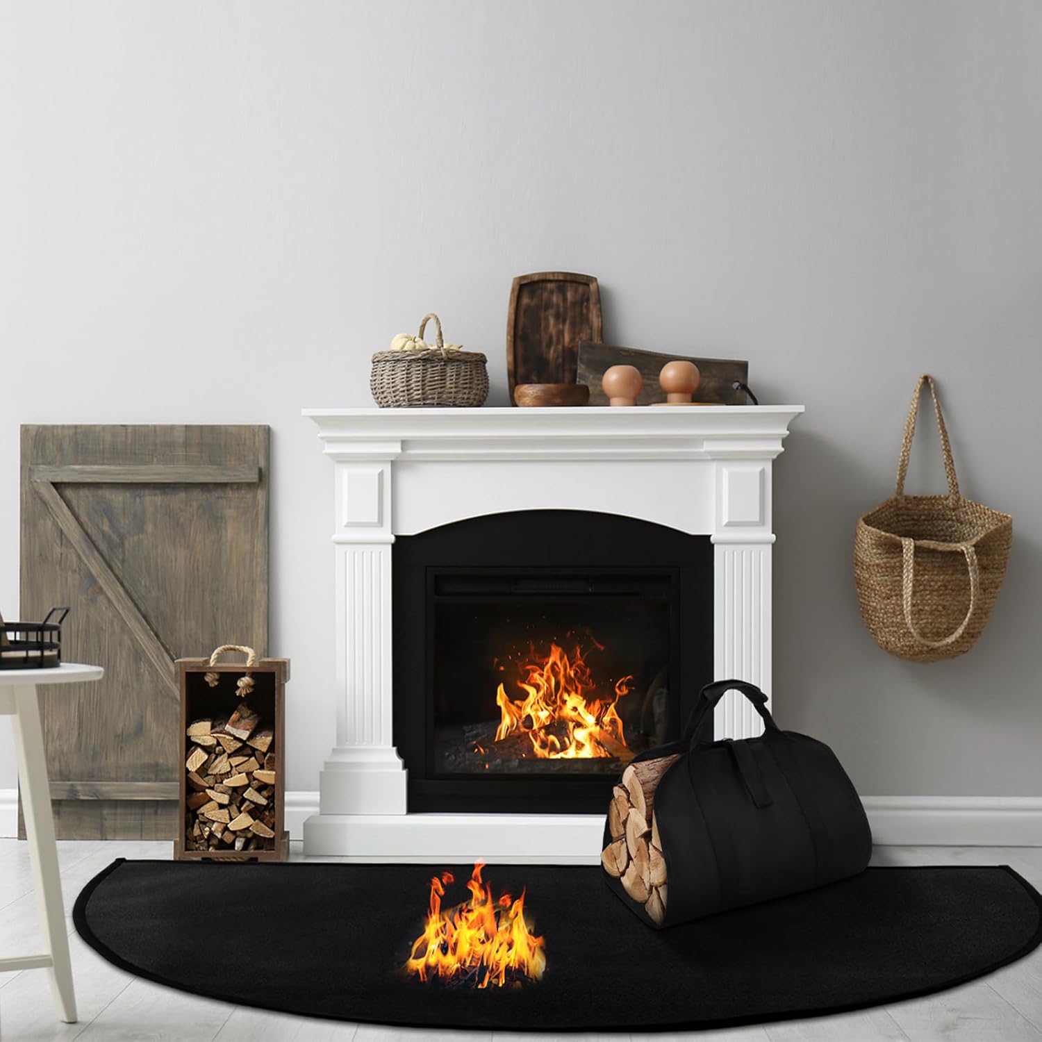 Relaxweex 3 Pcs Fireproof Hearth Rug Fireplace Rug, Fireplace Gloves, Canvas Firewood Carrier Logs Tote Set, Fire Resistant Half Round Hearth Mat, Protect Floor Patio from Sparks Embers(60 x 28 Inch)