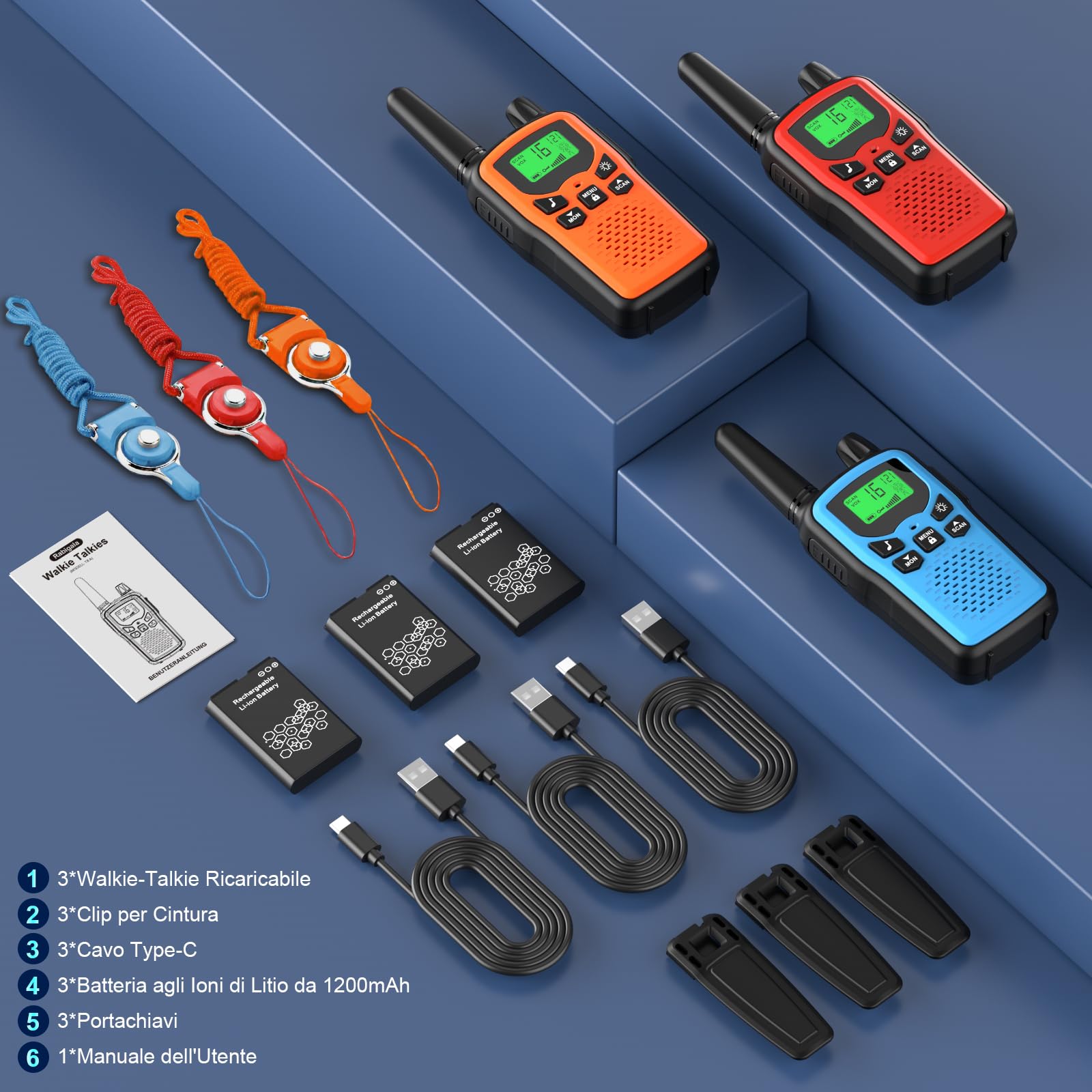 Walkie Talkie 3 Pack per Bambini Ricaricabili, Rabigala 16 Canali Radio con 5 km di Portata per Adulti, Walkie Talkie per Bambini con Batteria agli Ioni di Litio, VOX, Torcia LED & LCD