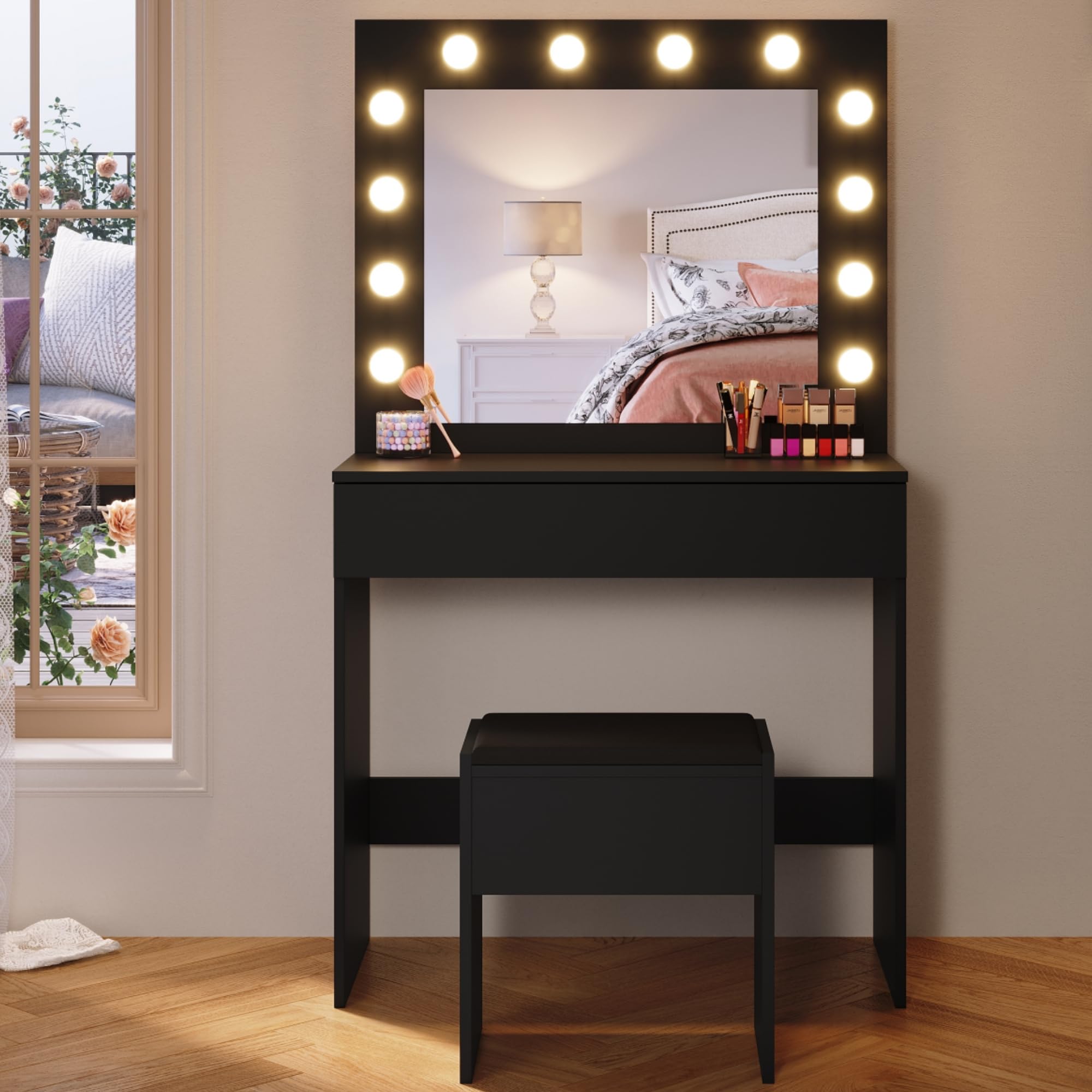 SONNI Große Schminktisch mit Hocker Spiegel 12 LED Frisiertisch 80x40x140cm